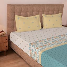 Indian Heritage 220 TC 100% Premium Cotton Midnight Teal Super King Bedsheet Set | Udyan Tales