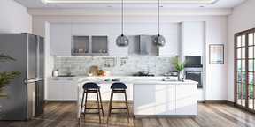 Monochromatic Social Island Modular Kitchen Design