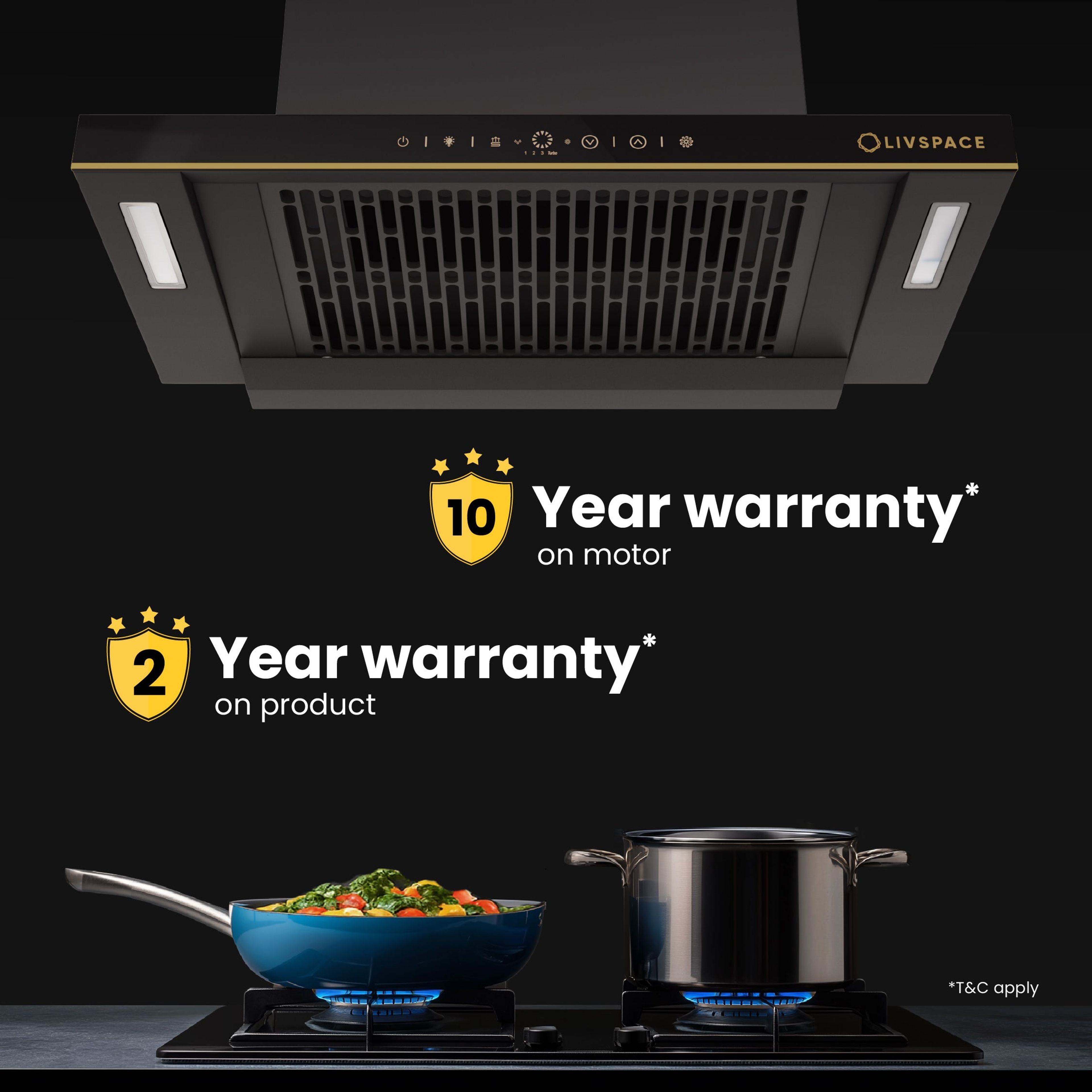 Intellia by LIVSPACE T-shape shape BLDC autoclean Filterless 600mm 1600m3/h suction Chimney & 3 Brass Burner Gloss finish 770mm with Auto Ignition Cooktop with installation (Ducted) | Intellia CH T 60 & Intellia CT 77 3B