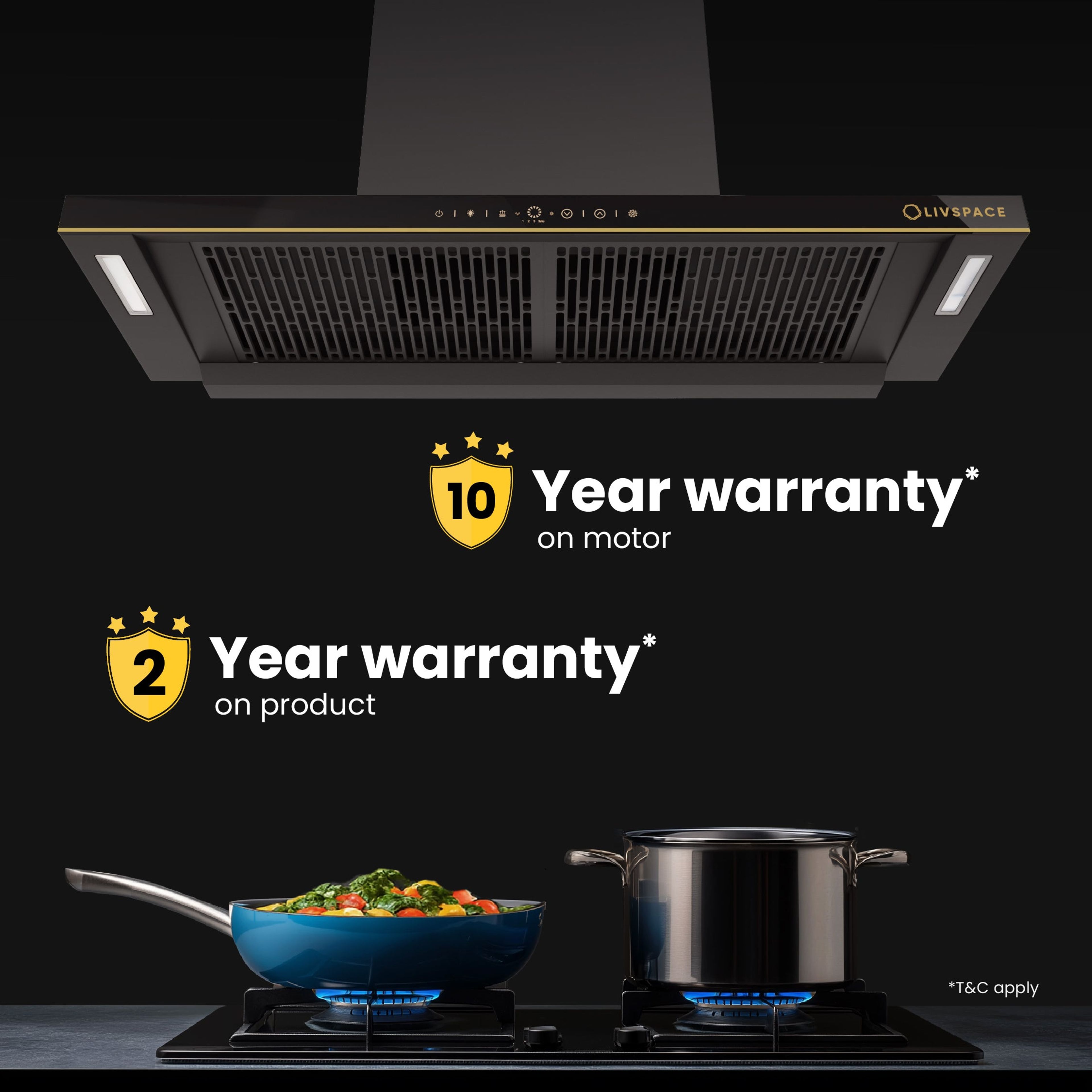 Intellia by LIVSPACE T-shape shape BLDC autoclean Filterless 900mm 1600m3/h suction Chimney & 4 Brass Burner Gloss finish 750mm with Auto Ignition Cooktop with installation (Ducted) | Intellia CH T 90 & Intellia CT 75 4B