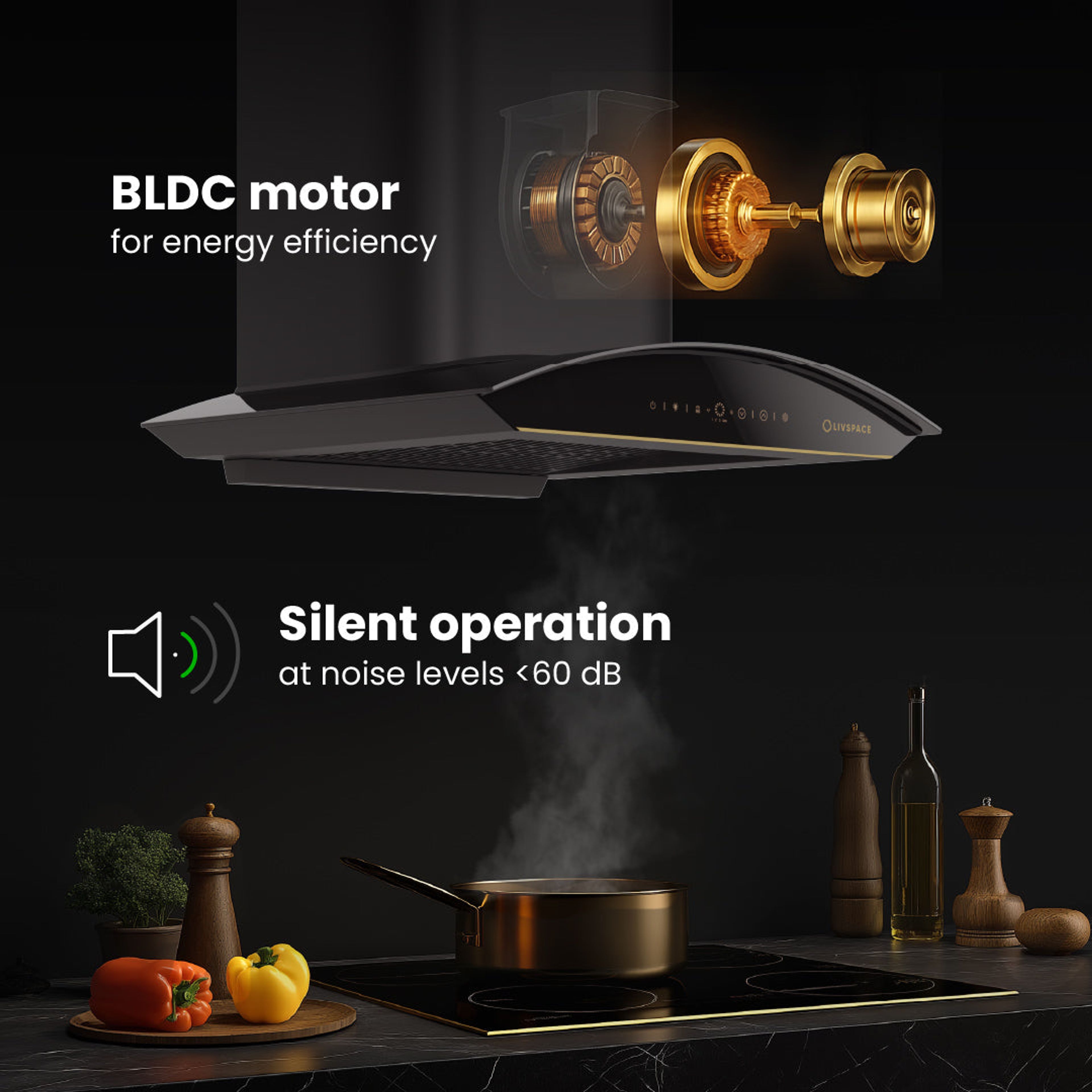 Intellia Series by LIVSPACE Curve shape BLDC autoclean Filterless 600mm 1600m3/h suction Chimney & 3 Brass Burner Gloss finish 770mm with Auto Ignition Cooktop with installation (Ducted) | Intellia CH C 60 & Intellia CT 77 3B