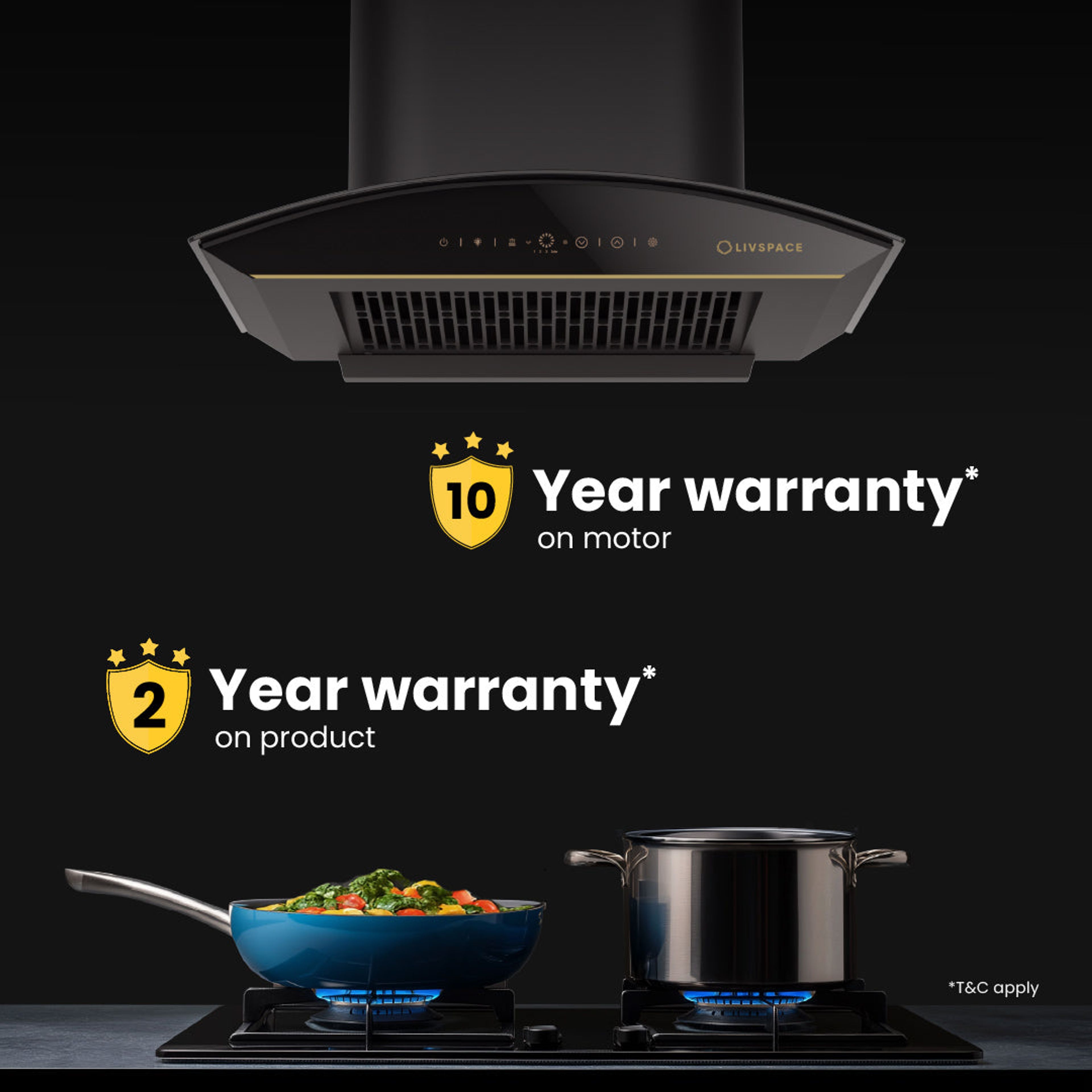 Intellia Series by LIVSPACE Curve shape BLDC autoclean Filterless 600mm 1600m3/h suction Chimney & 3 Brass Burner Gloss finish 770mm with Auto Ignition Cooktop with installation (Ducted) | Intellia CH C 60 & Intellia CT 77 3B