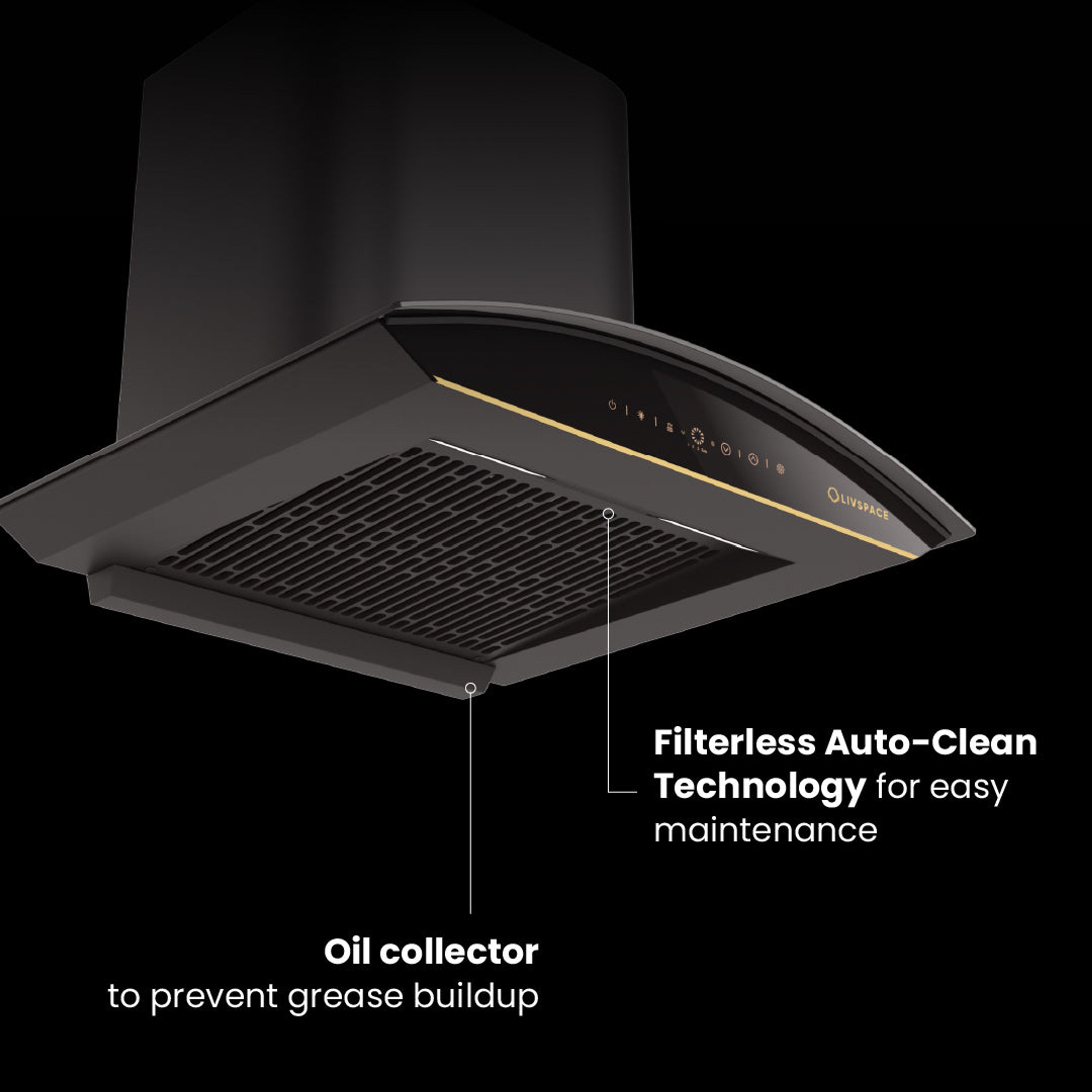 Intellia Series by LIVSPACE Curve shape BLDC autoclean Filterless 600mm 1600m3/h suction Chimney & 4 Brass Burner Gloss finish 750mm with Auto Ignition Cooktop with installation (Ducted) | Intellia CH C 60 & Intellia CT 75 4B