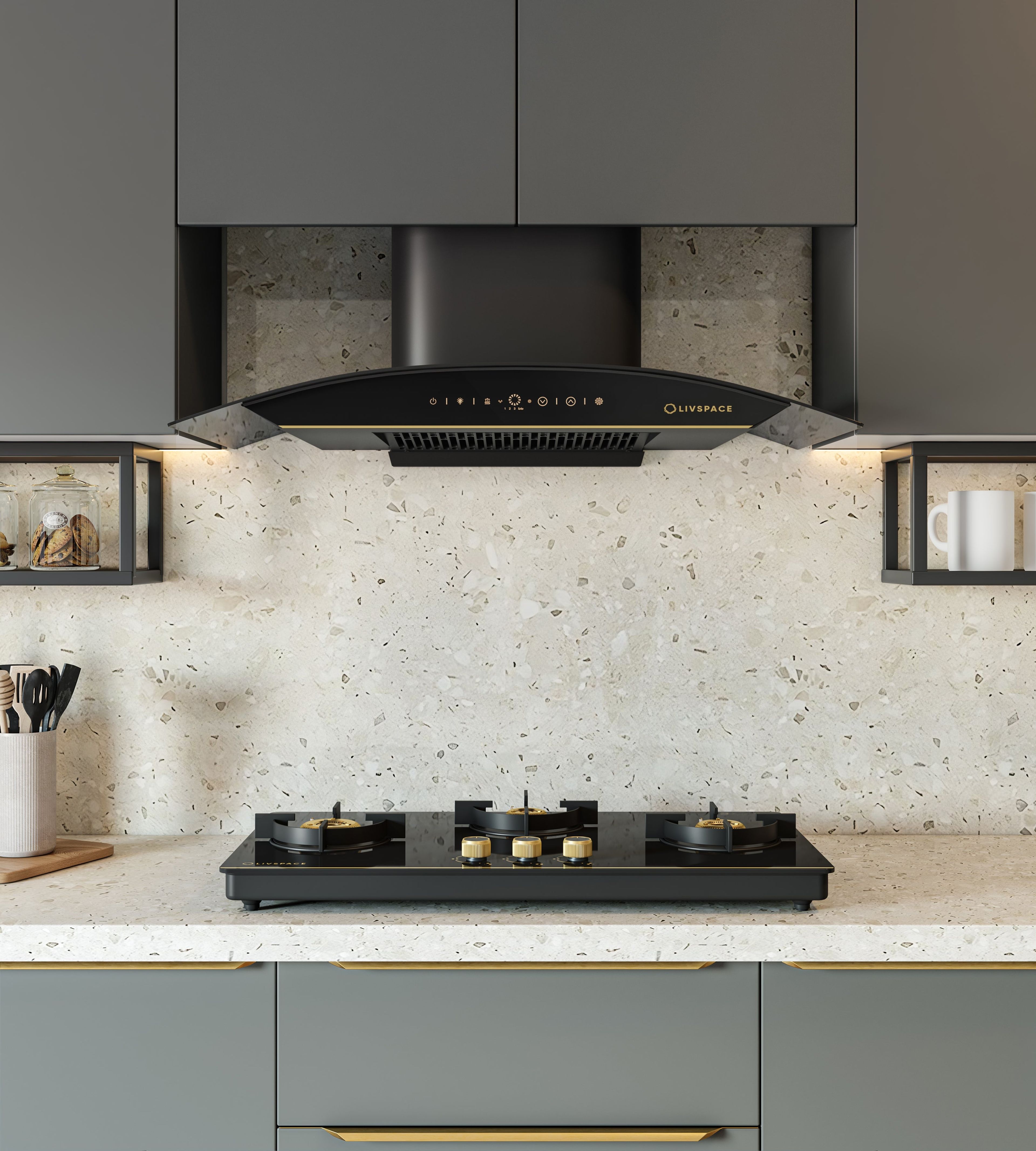 Intellia Series by LIVSPACE Curve shape BLDC autoclean Filterless 900mm 1600m3/h suction Chimney & 3 Brass Burner Gloss finish 770mm with Auto Ignition Cooktop with installation (Ducted) | Intellia CH C 90 & Intellia CT 77 3B