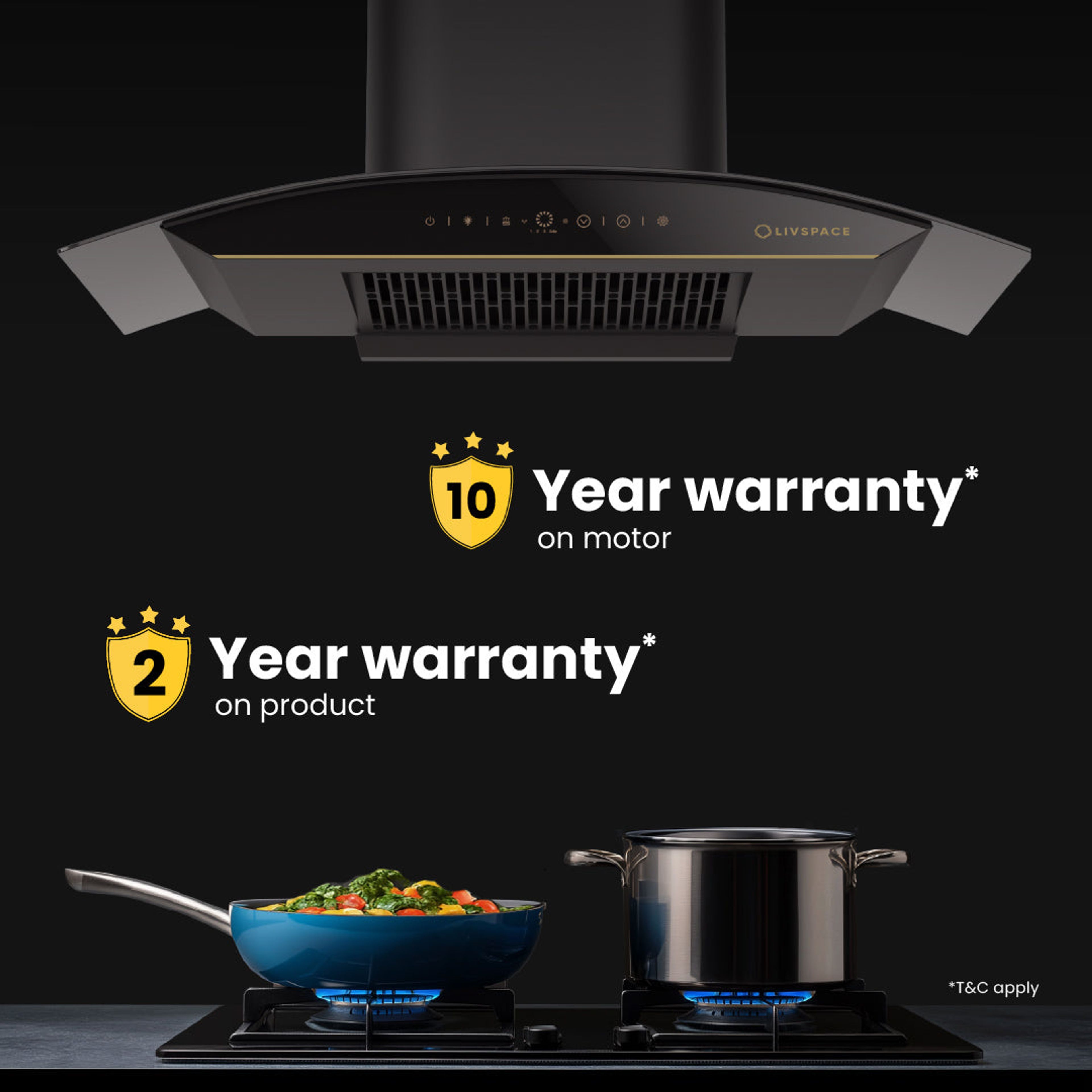 Intellia Series by LIVSPACE Curve shape BLDC autoclean Filterless 900mm 1600m3/h suction Chimney & 3 Brass Burner Gloss finish 770mm with Auto Ignition Cooktop with installation (Ducted) | Intellia CH C 90 & Intellia CT 77 3B