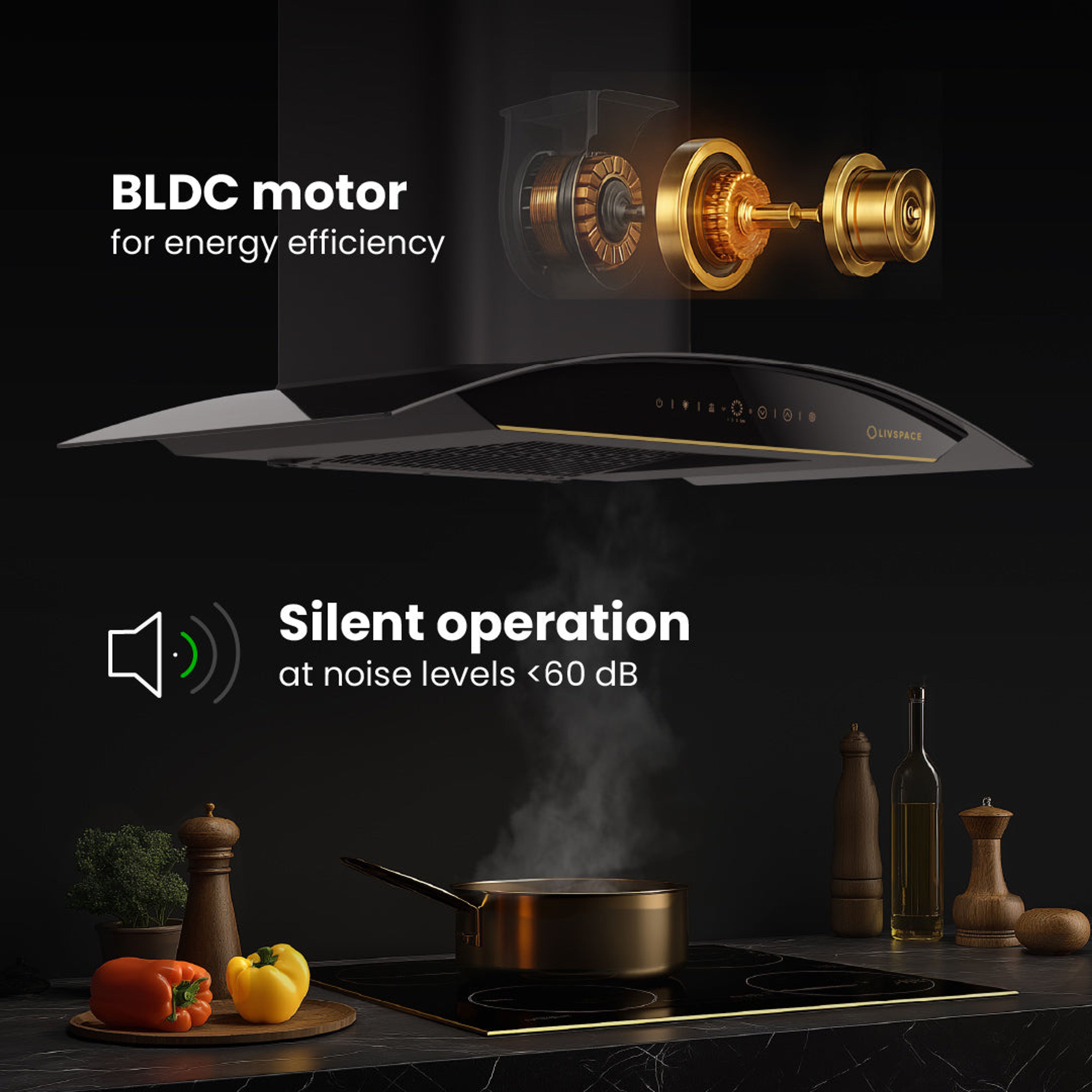 Intellia Series by LIVSPACE Curve shape BLDC autoclean Filterless 900mm 1600m3/h suction Chimney & 4 Brass Burner Gloss finish 750mm with Auto Ignition Cooktop with installation (Ducted) | Intellia CH C 90 & Intellia CT 75 4B