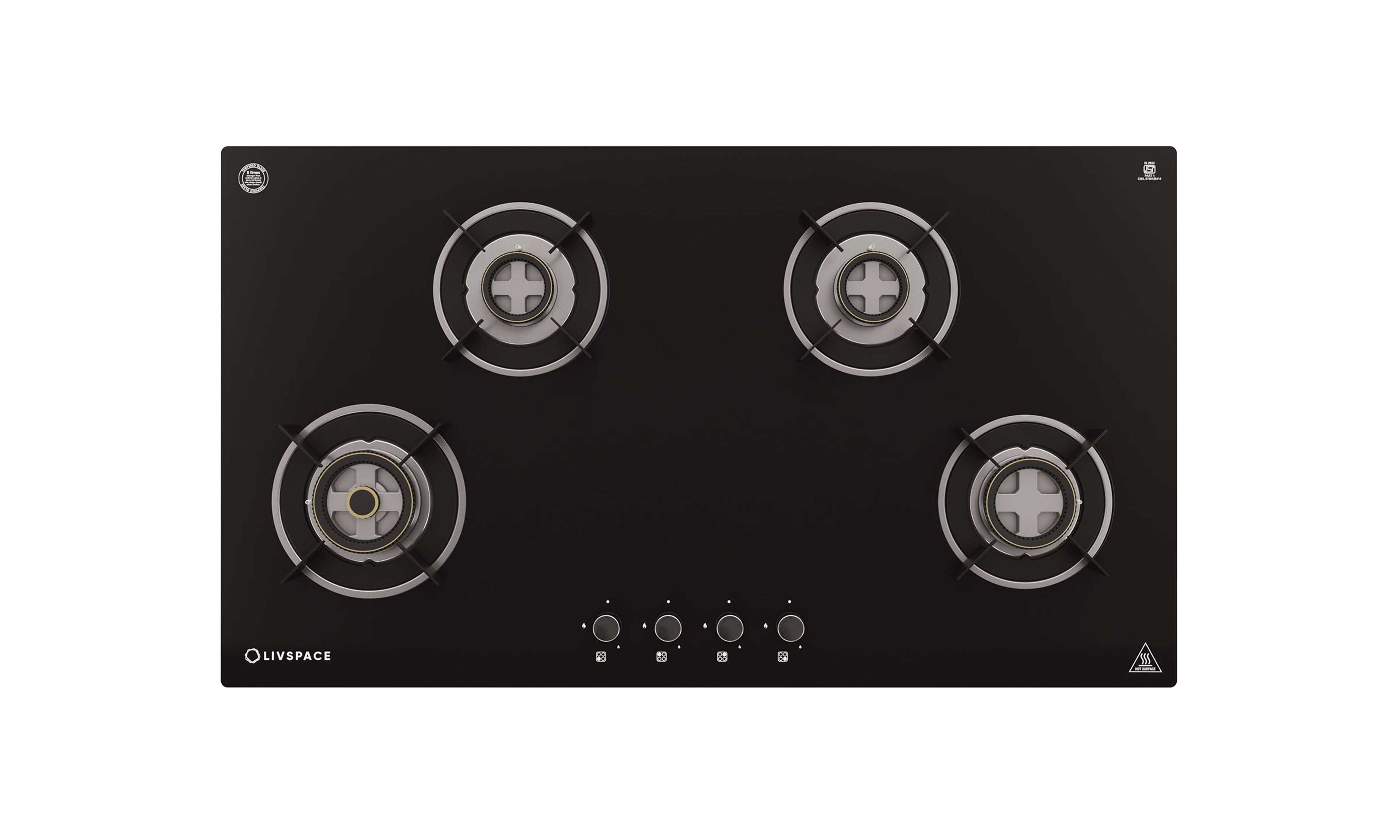 Optima by Livspace 4 Brass Burner 900mm with Auto Ignition gloss finish Hob | Optima HB 4B 90