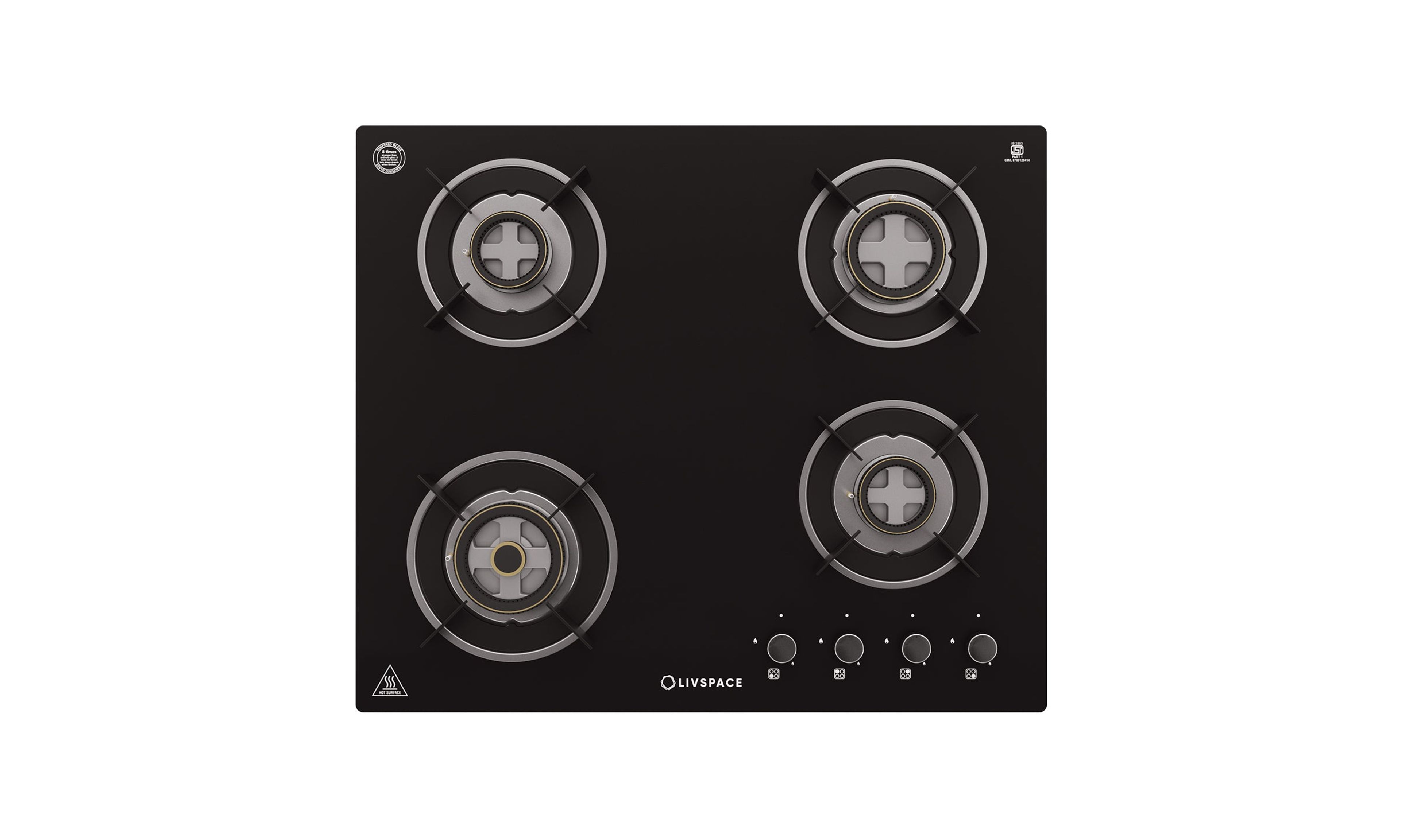 Optima by Livspace 4 Brass Burner 600mm with Auto Ignition gloss finish Hob | Optima HB 4B 60