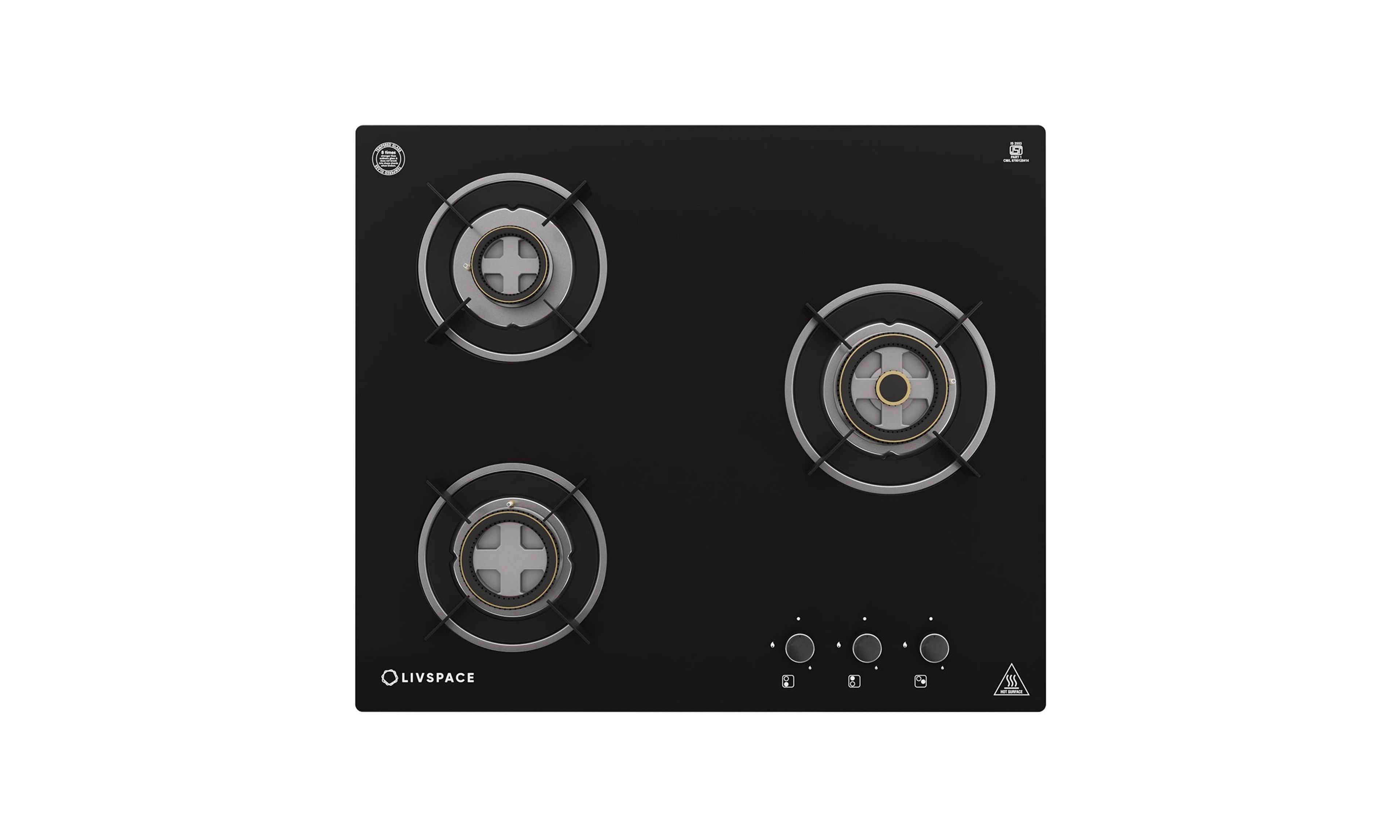 Optima by Livspace 3 Brass Burner 600mm with Auto Ignition gloss finish Hob | Optima HB 3B 60