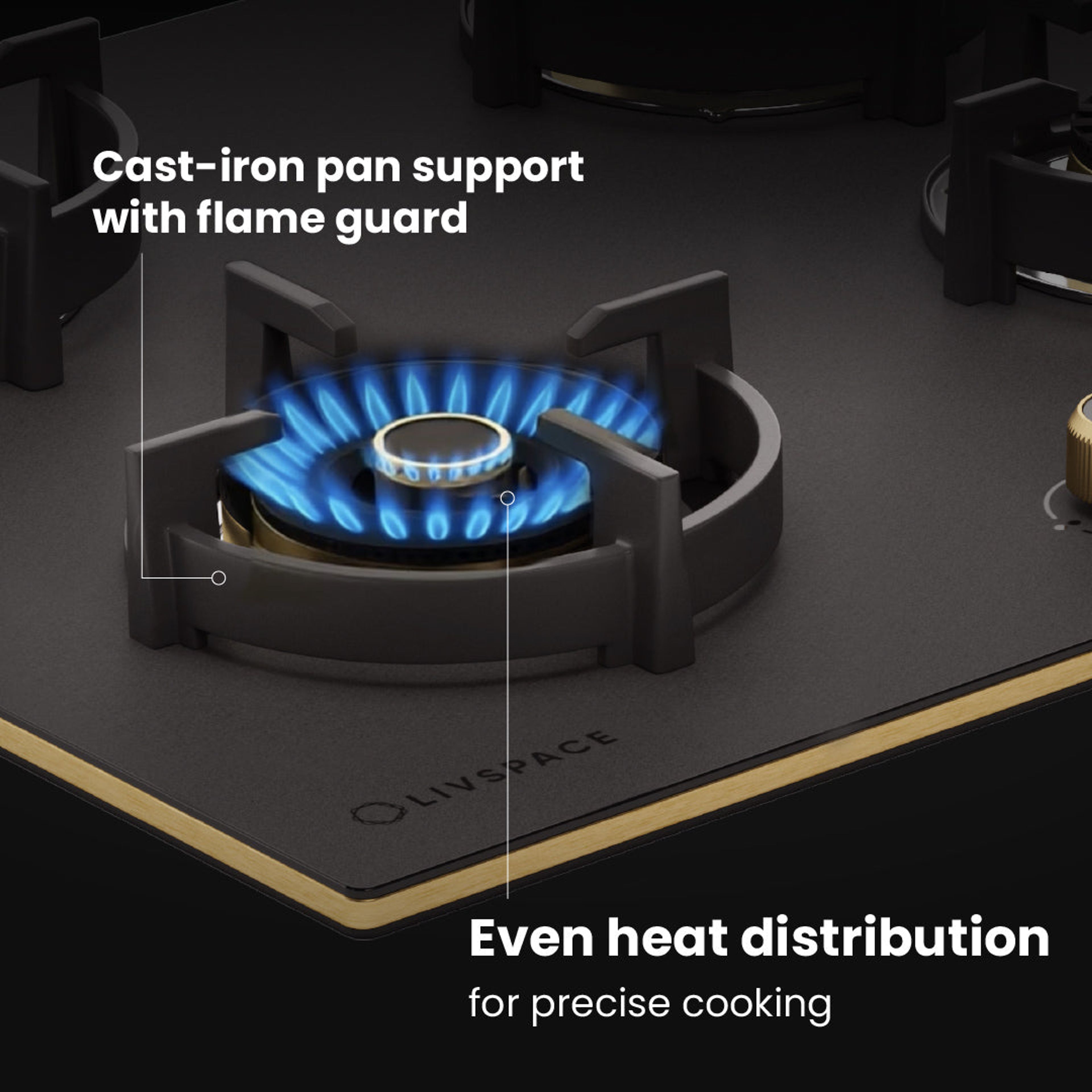 Intellia by Livspace 4 Brass Burner 595mm with Auto Ignition Matt finish Hob | Intellia HB 4B M 60