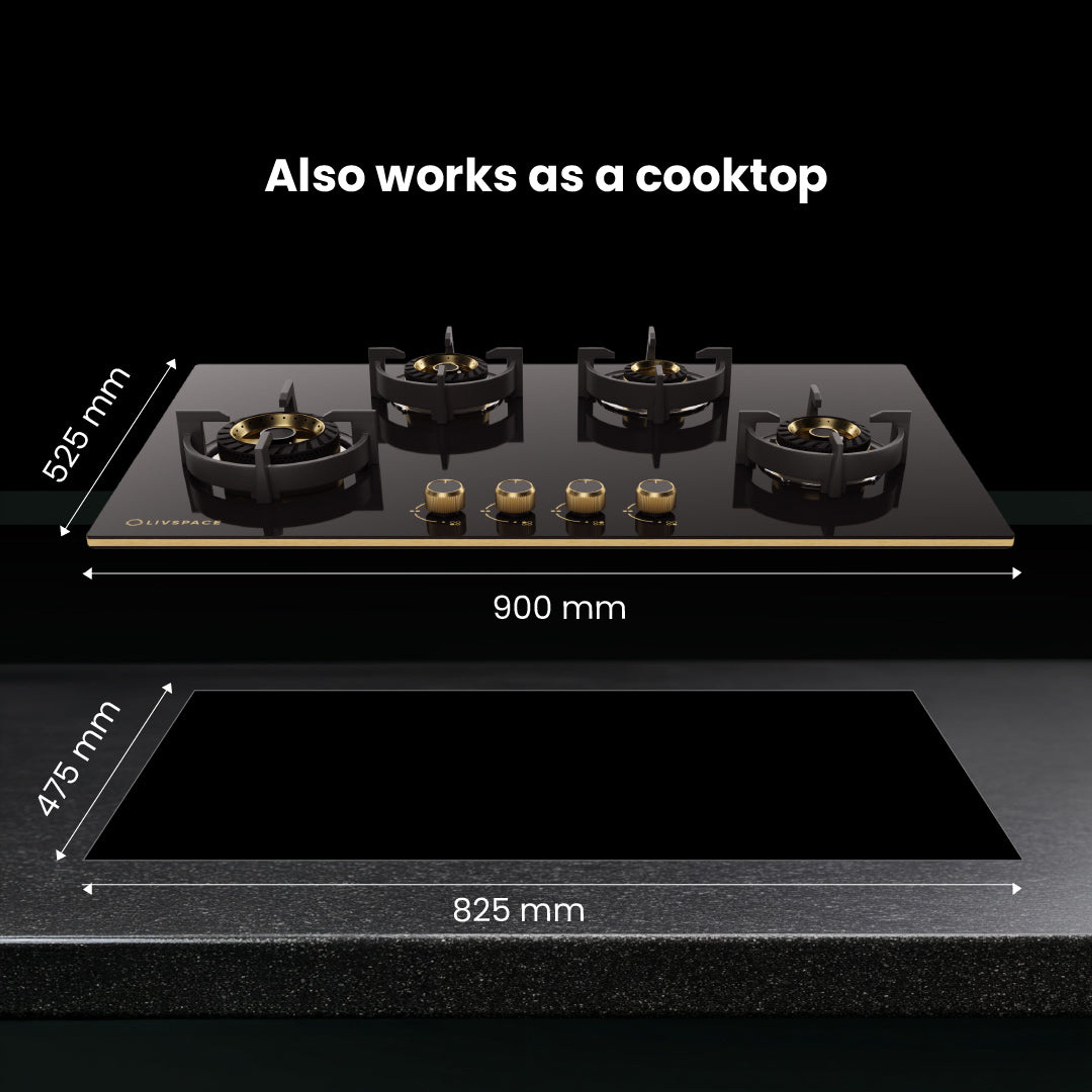 Intellia by Livspace 4 Brass Burner 900mm with Auto Ignition Gloss finish Hob | Intellia HB 4B G 90