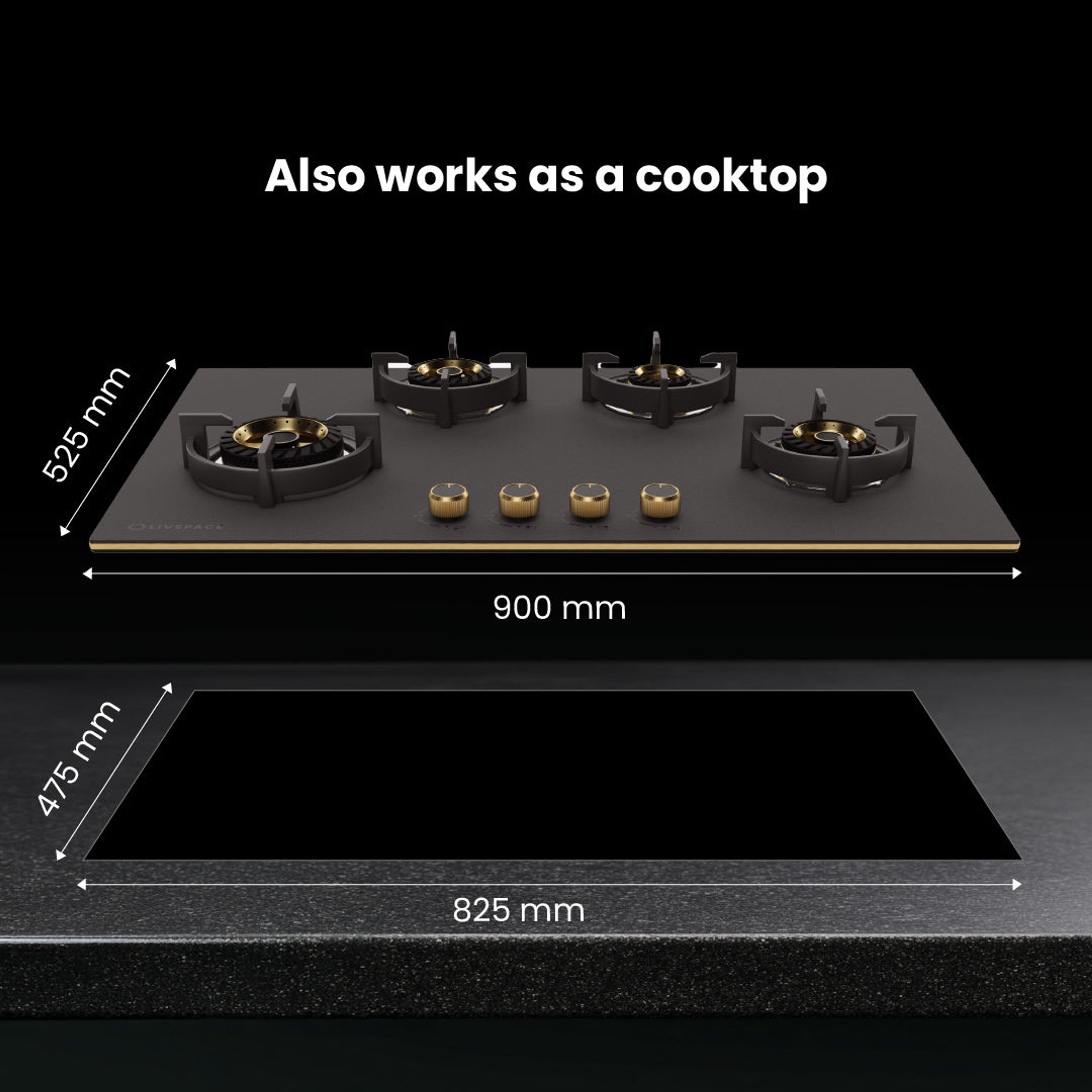 Intellia by Livspace 4 Brass Burner 900mm with Auto Ignition Matt finish Hob | Intellia HB 4B M 90