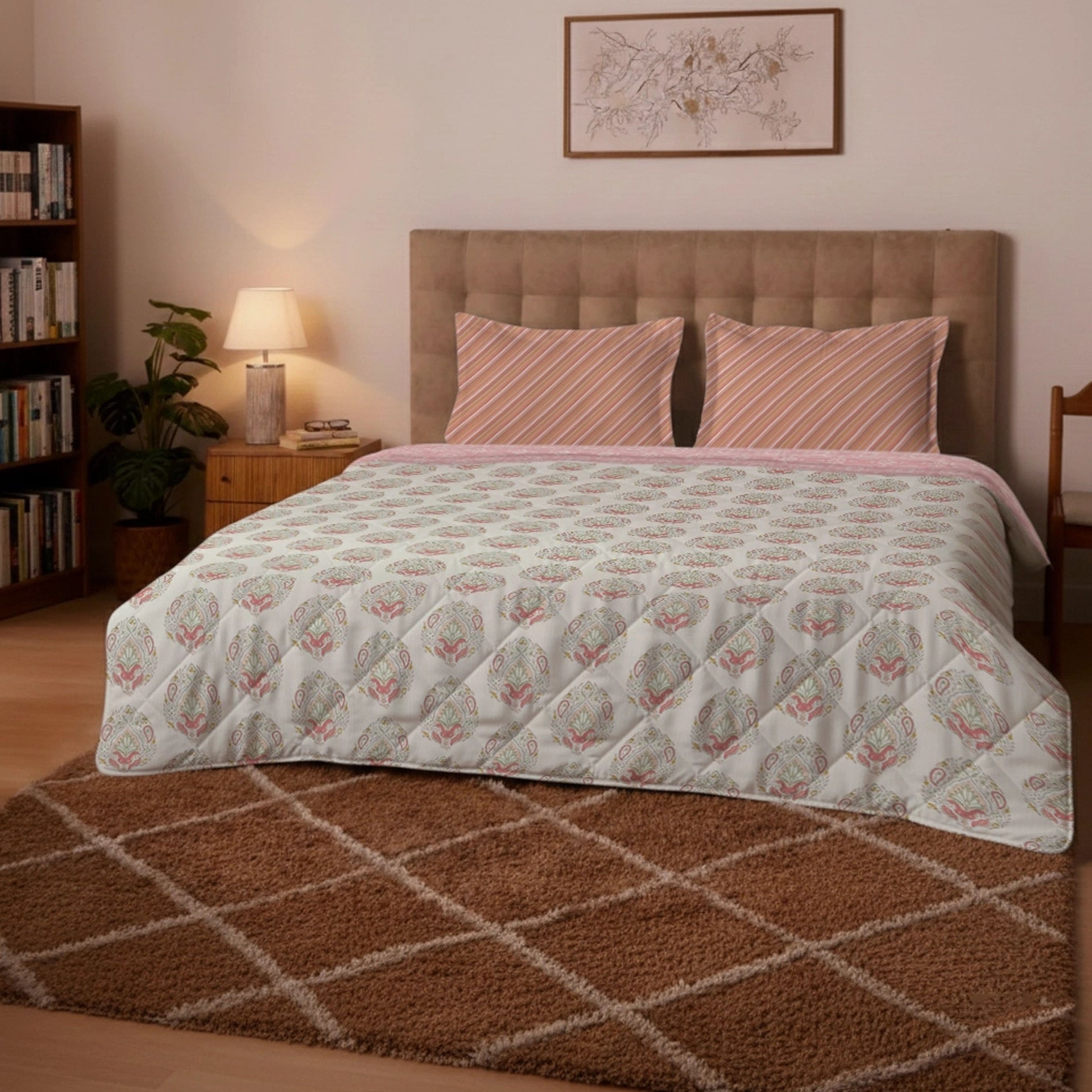 Udyan Tales | Contemporary Indian Printed Bedding Set - Set of Bedsheet & Comforter - Soft Coral