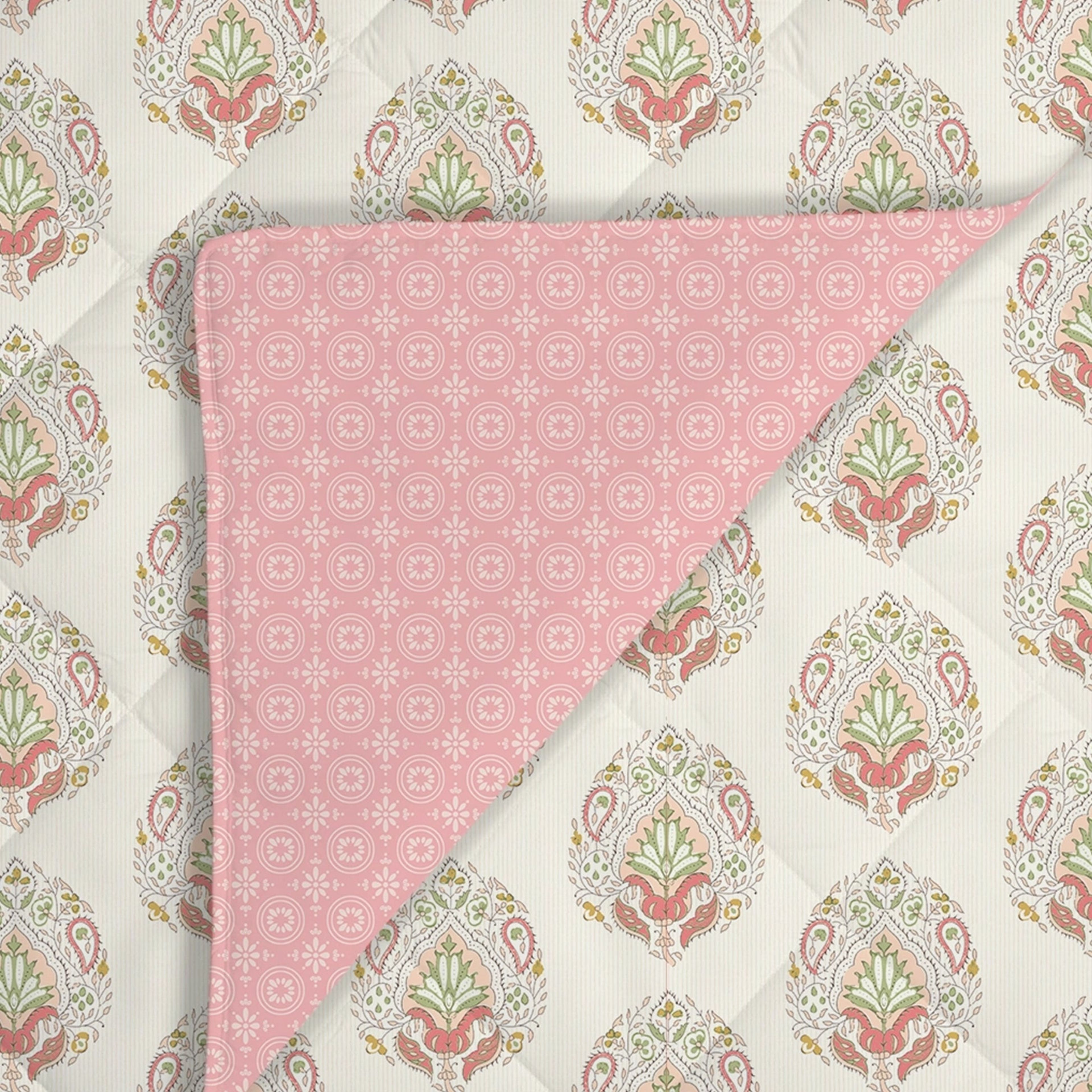 Udyan Tales | Contemporary Indian Printed Bedding Set - Set of Bedsheet & Comforter - Soft Coral