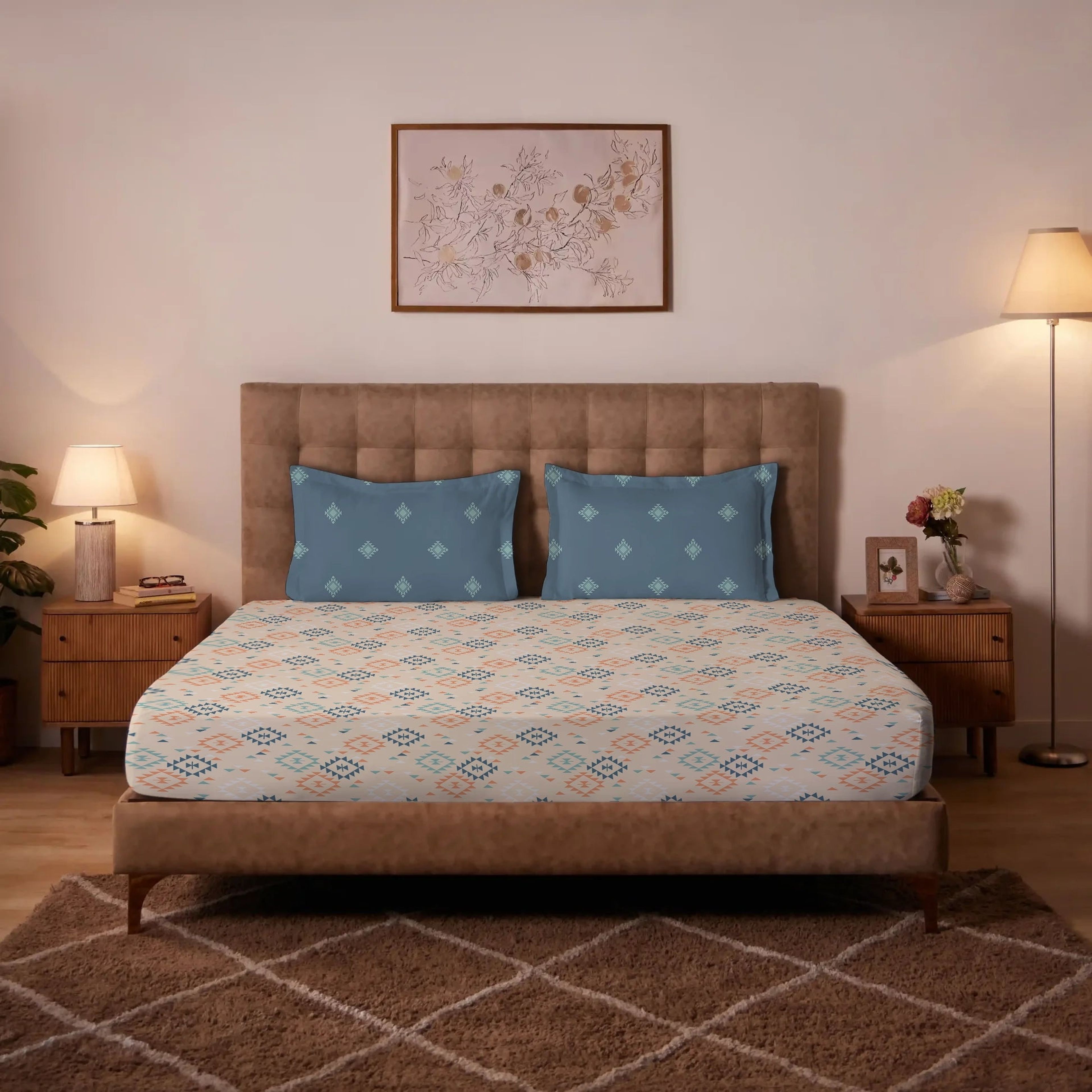 Aangan Weaves | Modern Geometric Printed Cotton Bedsheet Set - Rich Teal