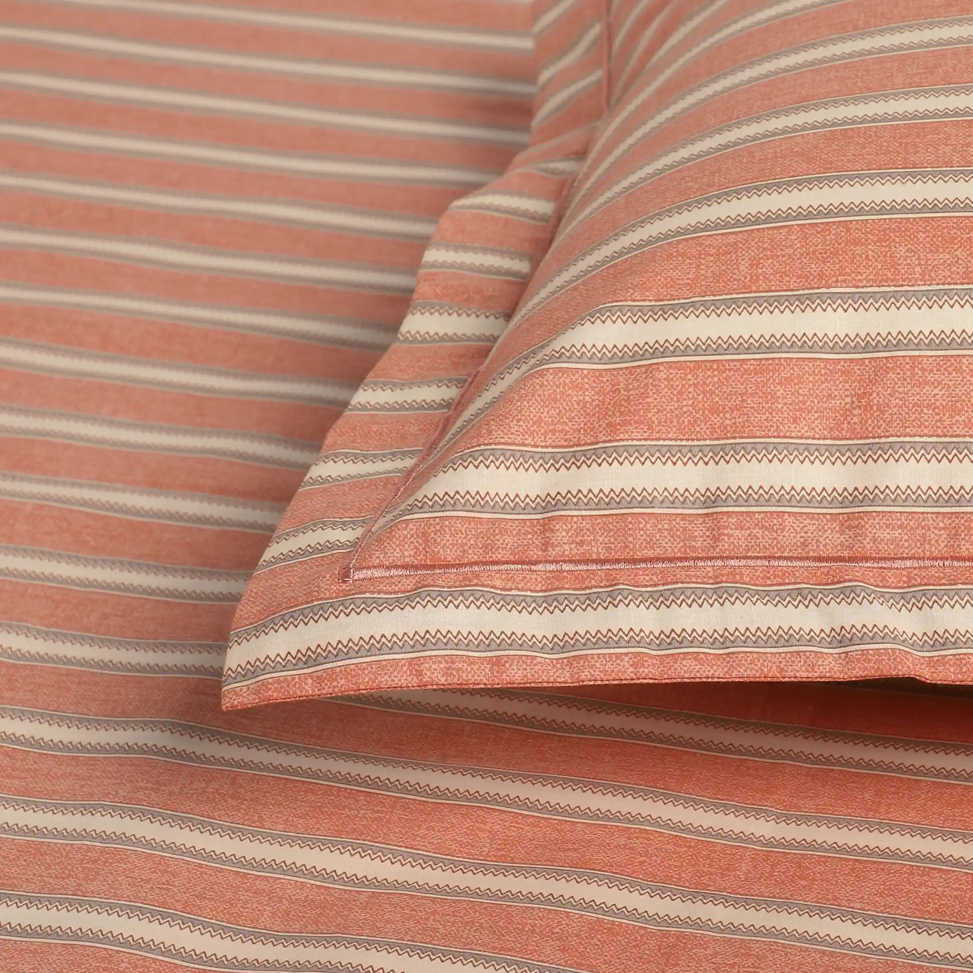 Threadscapes | Woven Textured Printed Cotton Bedsheet Set | Pillow Cover with Merrow Hem Treatment-Peach