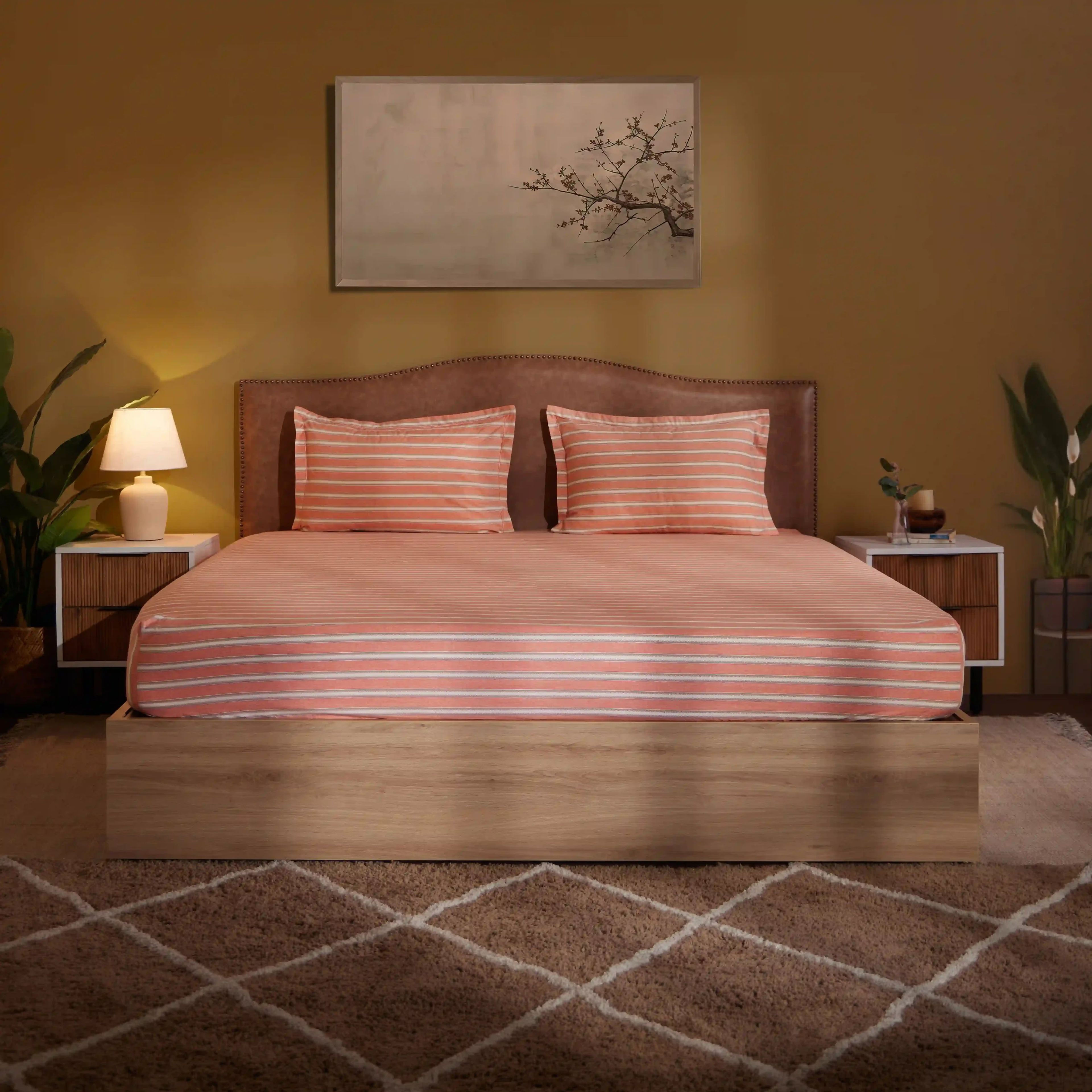 Threadscapes | Woven Textured Printed Cotton Bedsheet Set | Pillow Cover with Merrow Hem Treatment-Peach