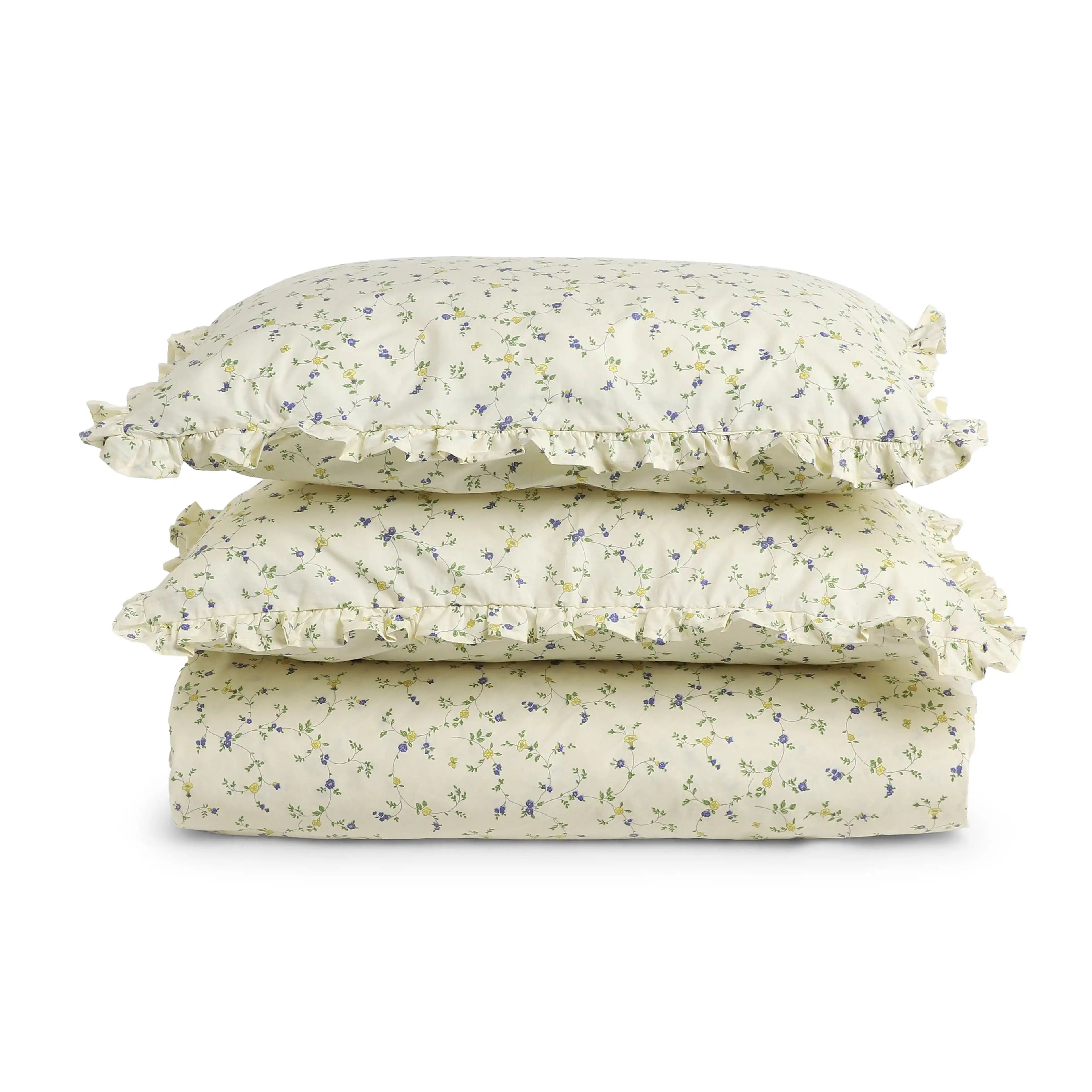 Bloomshire Luxe | Romantic Flora Printed Cotton Fitted Sheet Set | Pillow Cover with Frills-Cream Bloom