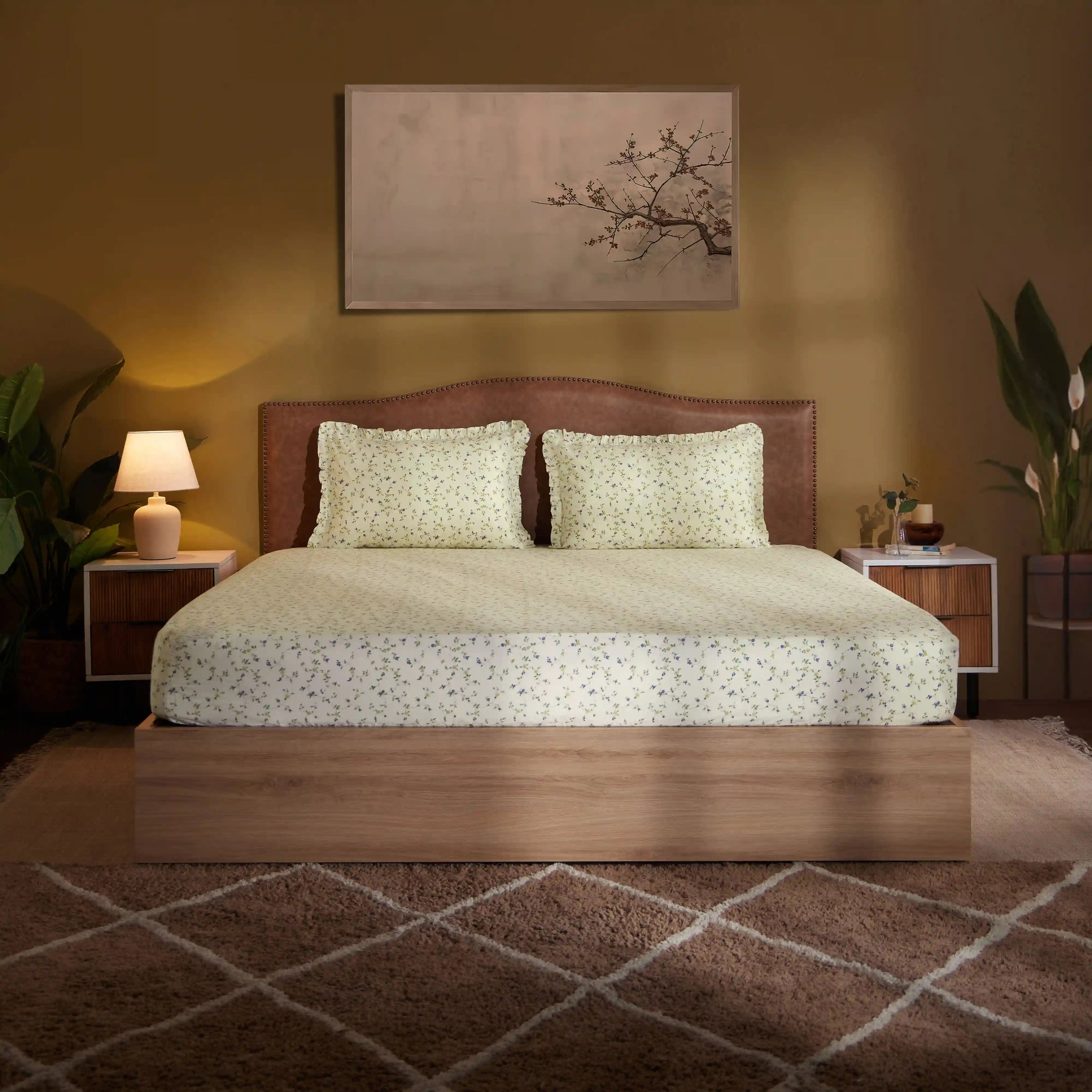 Bloomshire Luxe | Romantic Flora Printed Cotton Fitted Sheet Set | Pillow Cover with Frills-Cream Bloom