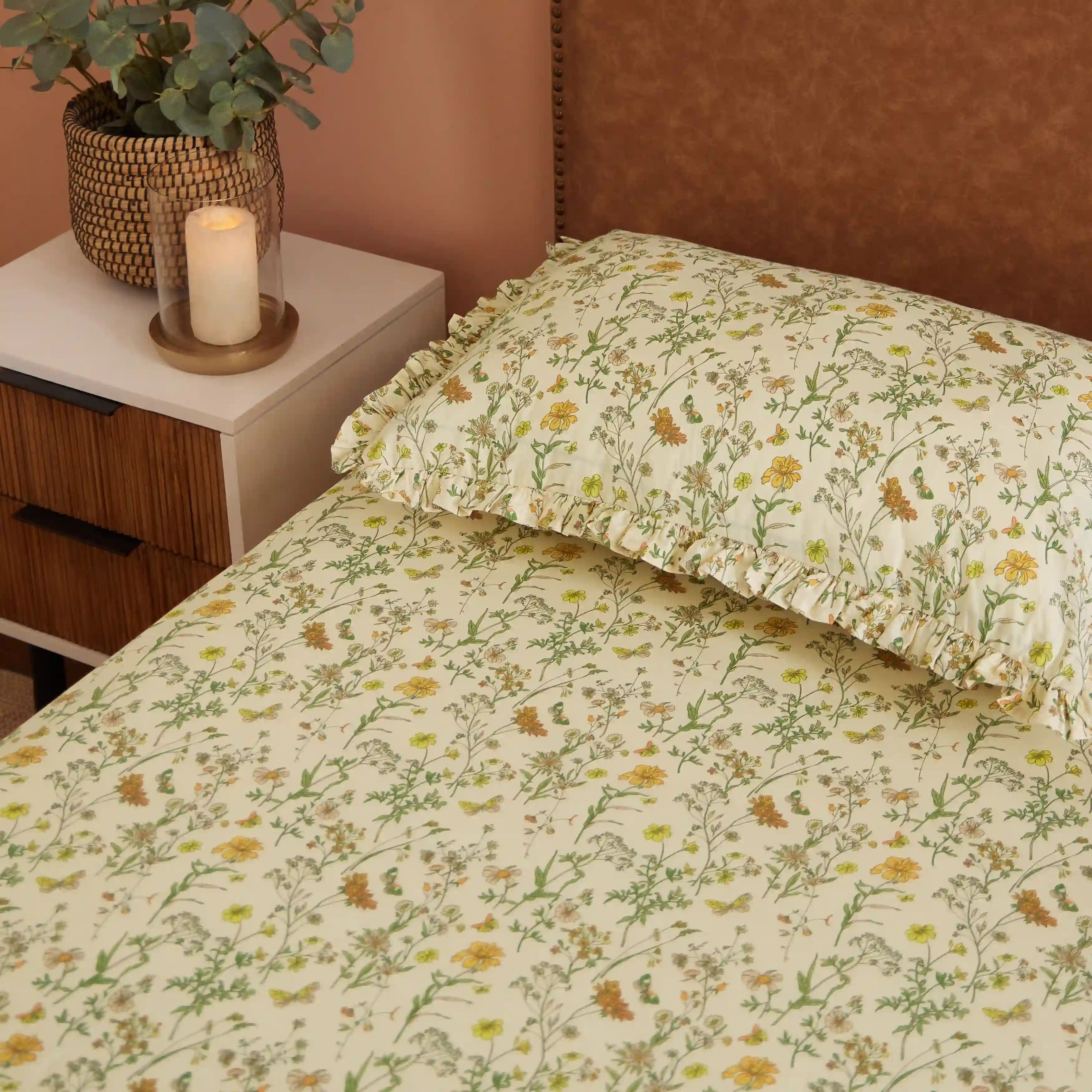 Bloomshire Luxe | Romantic Flora Printed Cotton Bedsheet Set | Pillow Cover with Frills-Mustard