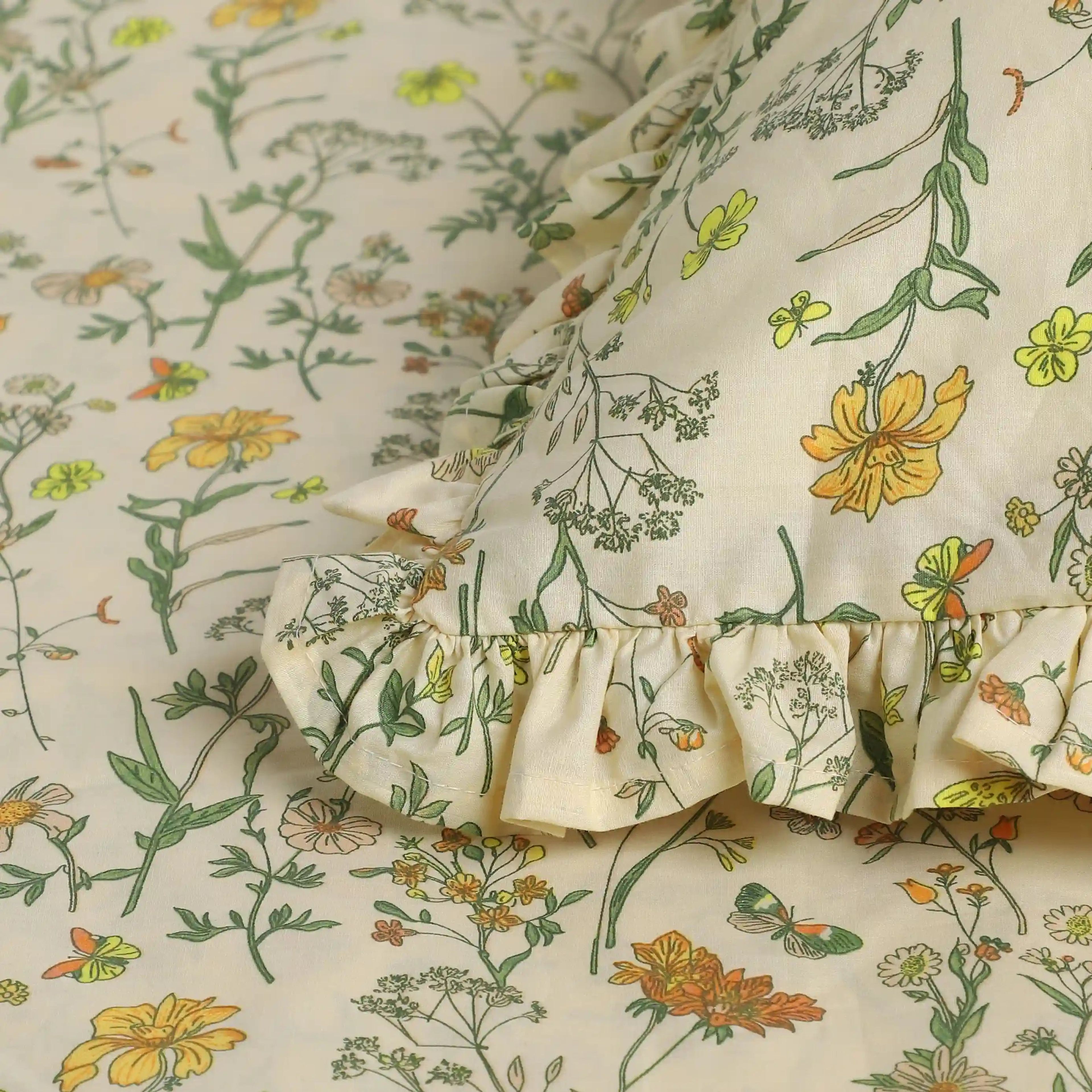 Bloomshire Luxe | Romantic Flora Printed Cotton Bedsheet Set | Pillow Cover with Frills-Mustard