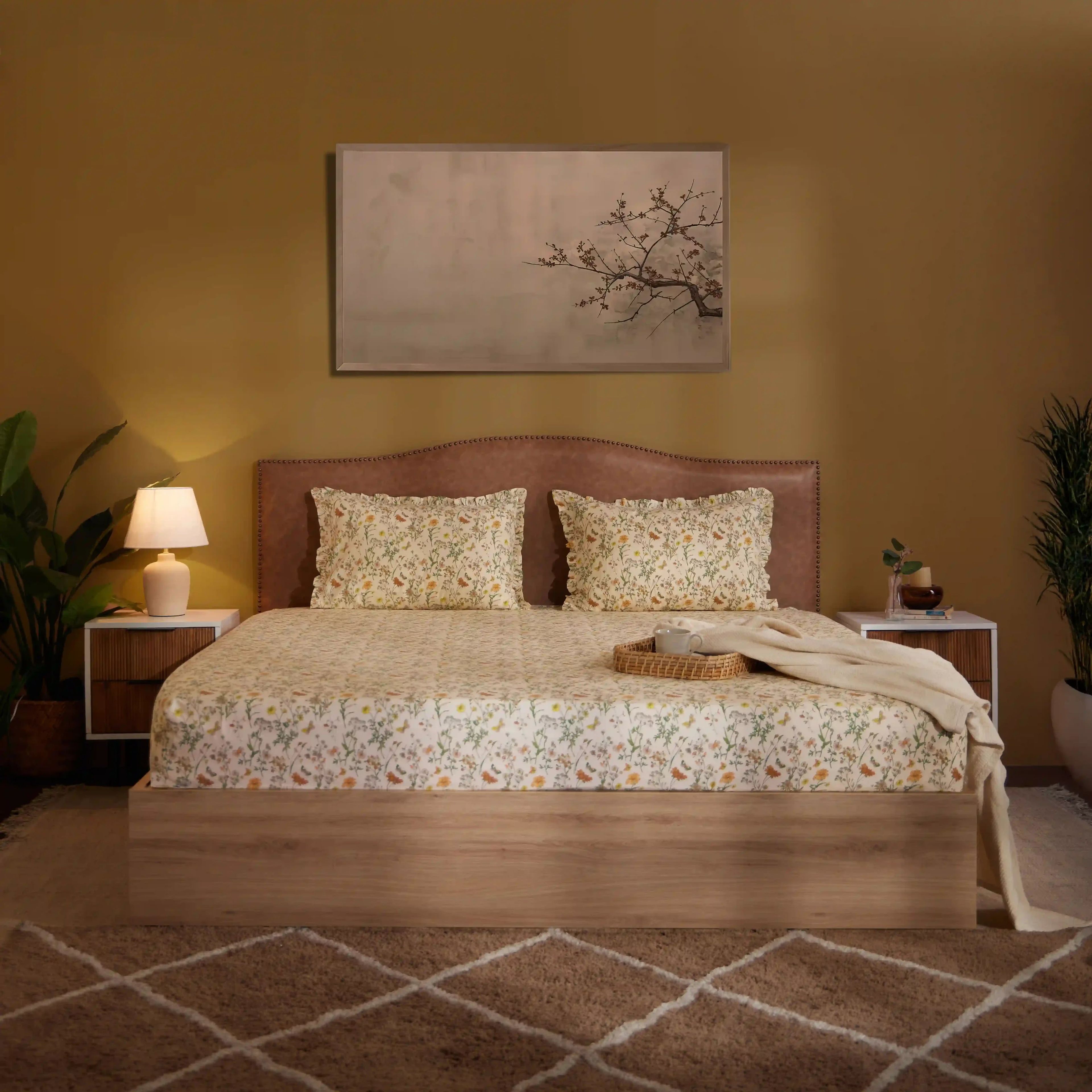 Bloomshire Luxe | Romantic Flora Printed Cotton Bedsheet Set | Pillow Cover with Frills-Mustard