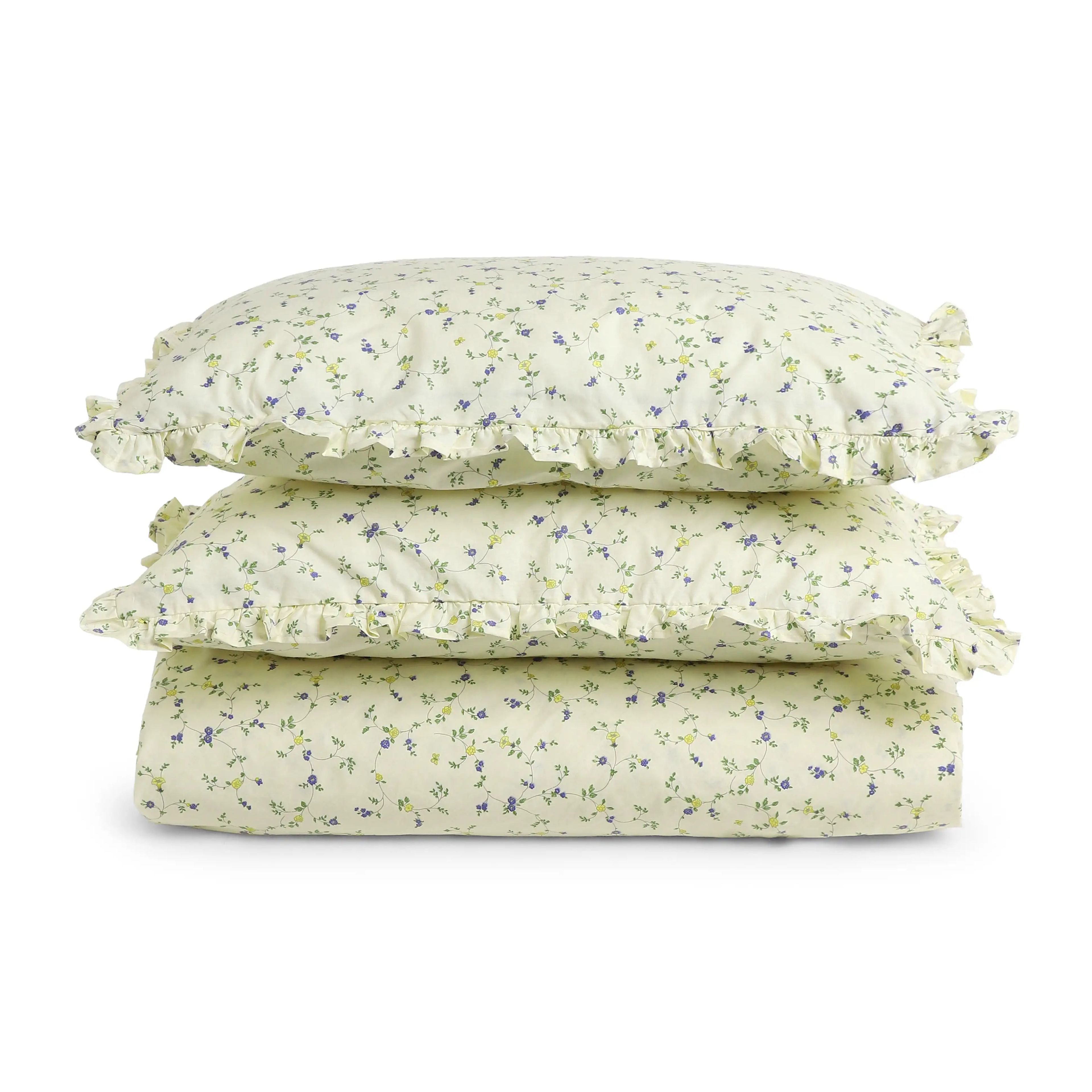 Bloomshire Luxe | Romantic Flora Printed Cotton Bedsheet Set | Pillow Cover with Frills-Cream Bloom