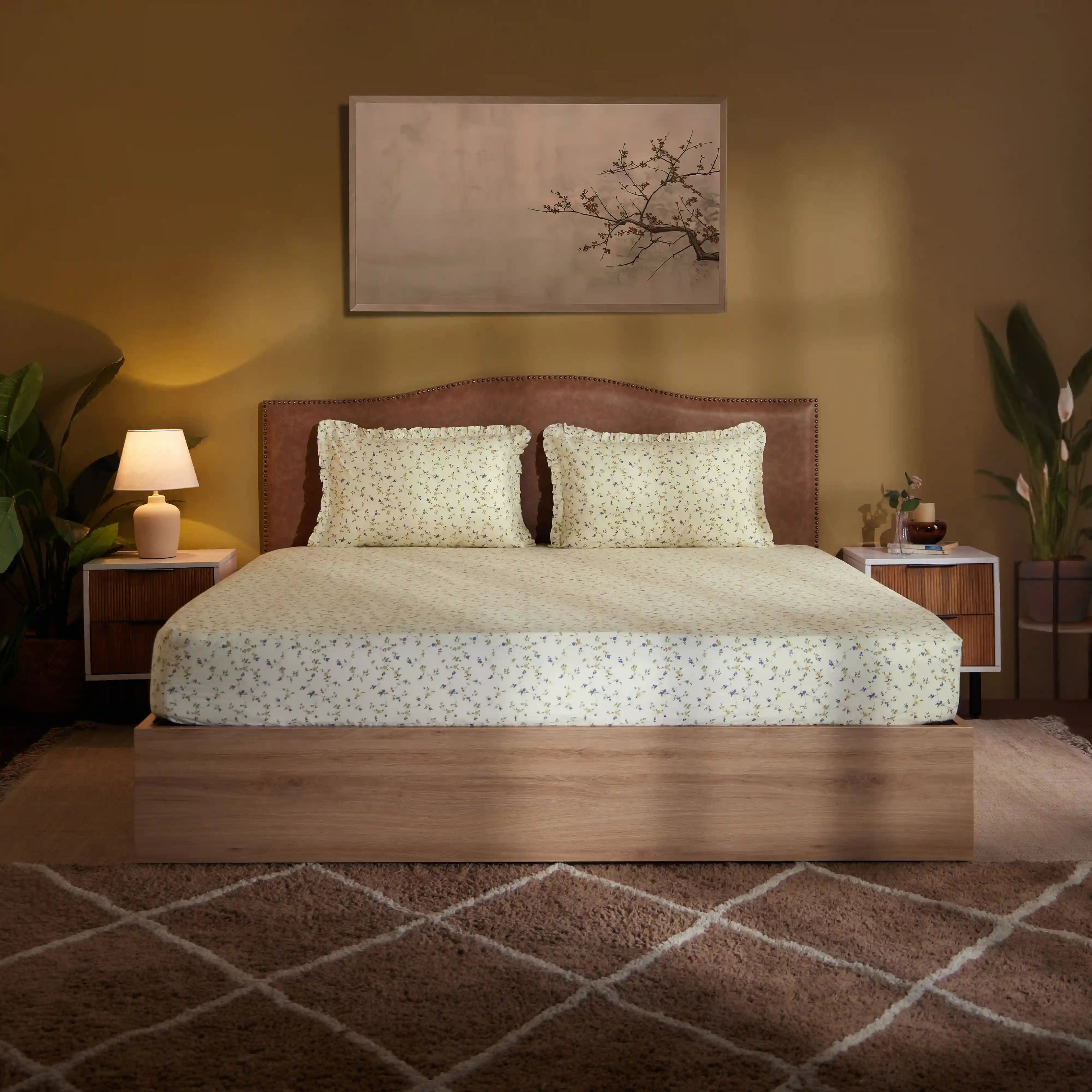 Bloomshire Luxe | Romantic Flora Printed Cotton Bedsheet Set | Pillow Cover with Frills-Cream Bloom