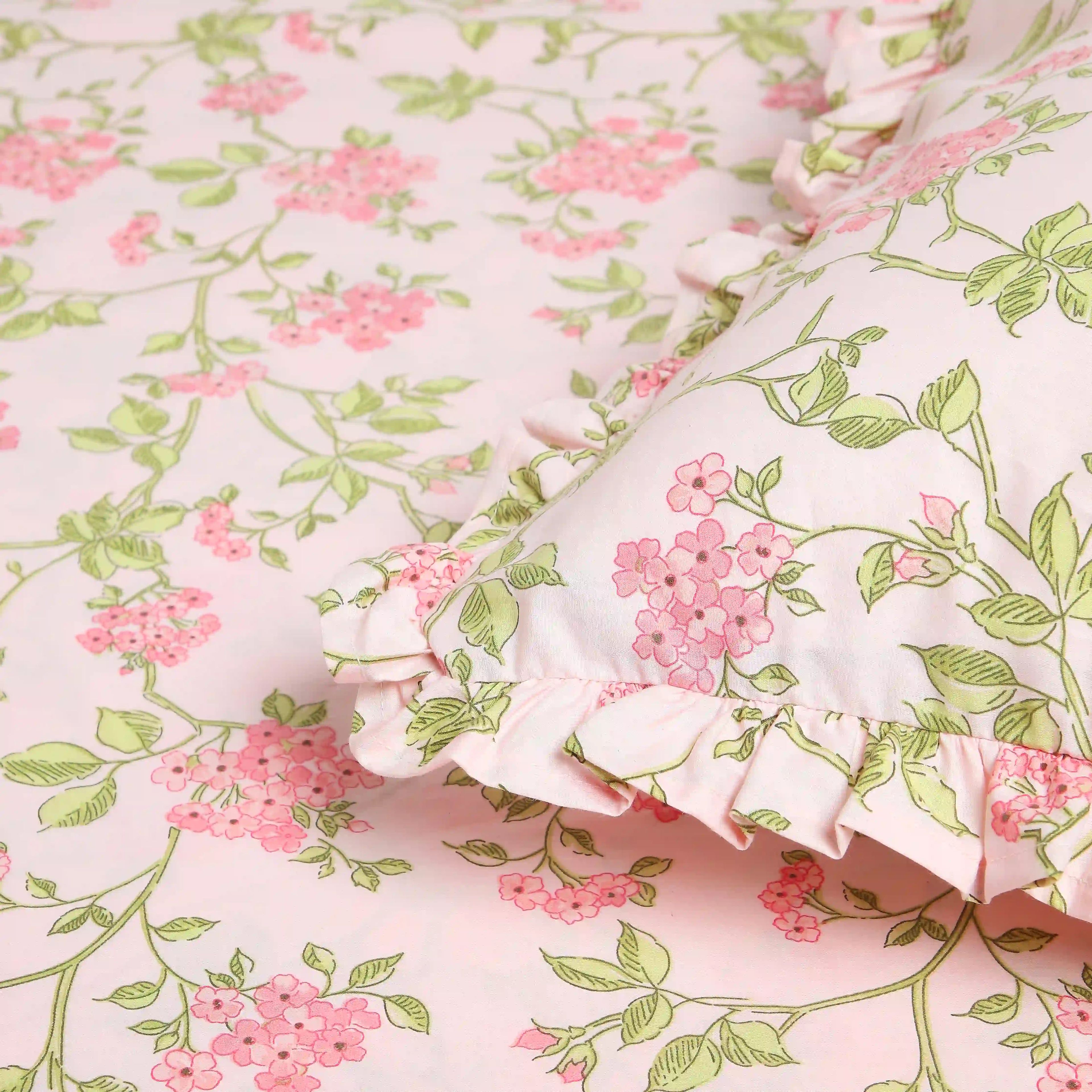 Bloomshire Luxe | Romantic Flora Printed Cotton Bedsheet Set | Pillow Cover with Frills-Pink