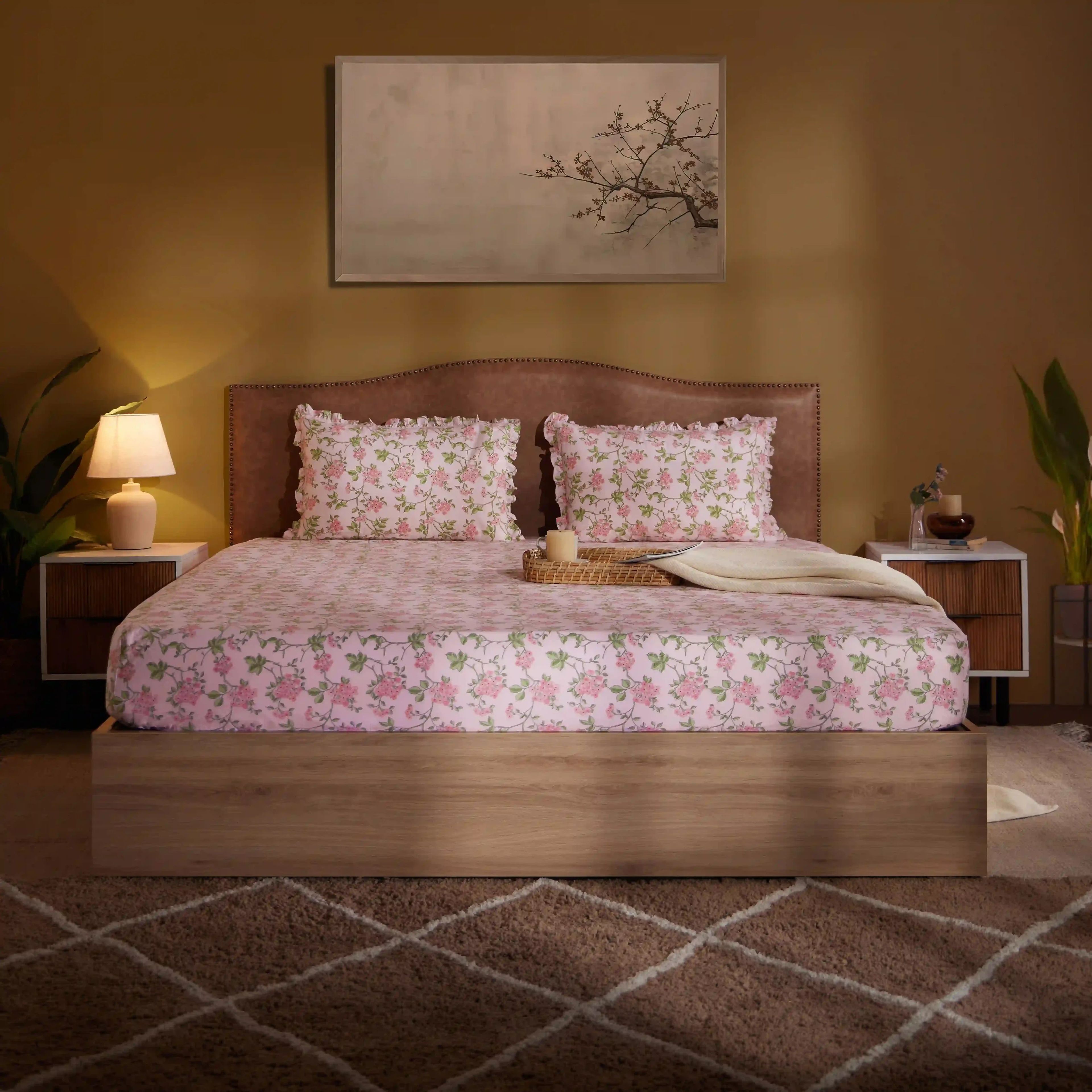 Bloomshire Luxe | Romantic Flora Printed Cotton Bedsheet Set | Pillow Cover with Frills-Pink