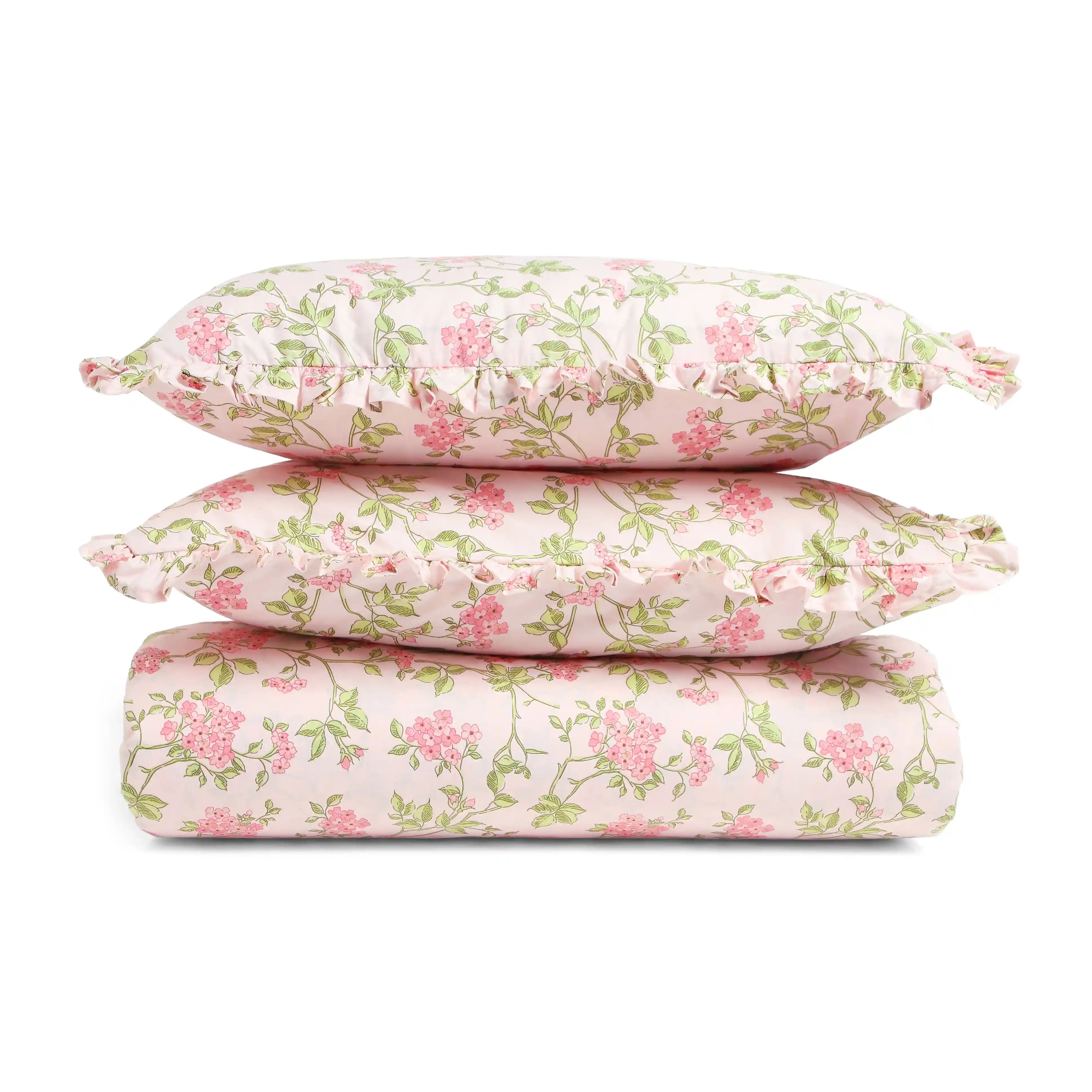 Bloomshire Luxe | Romantic Flora Printed Cotton Bedsheet Set | Pillow Cover with Frills-Pink