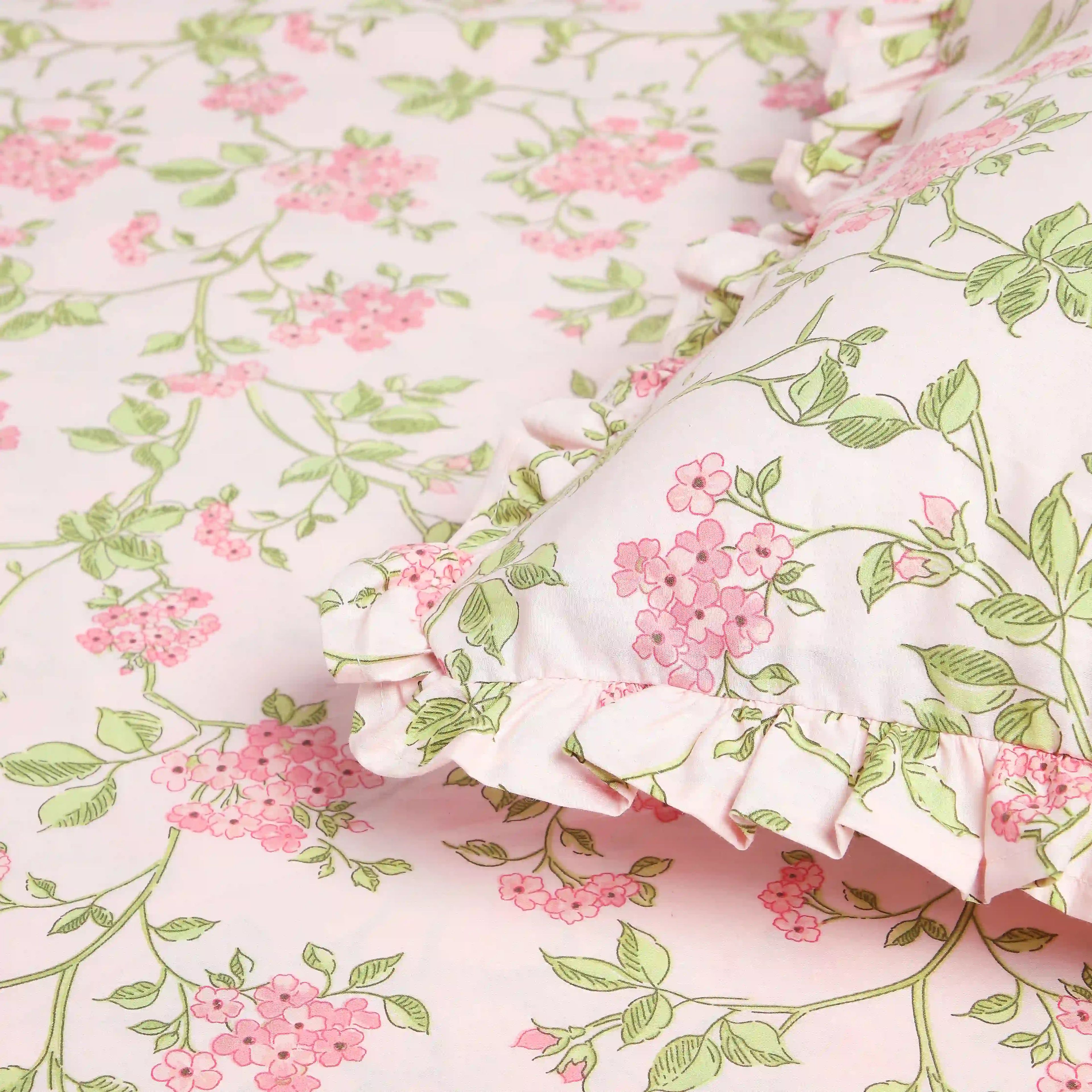 Bloomshire Luxe | Romantic Flora Printed Cotton Bedsheet Set | Pillow Cover with Frills-Pink