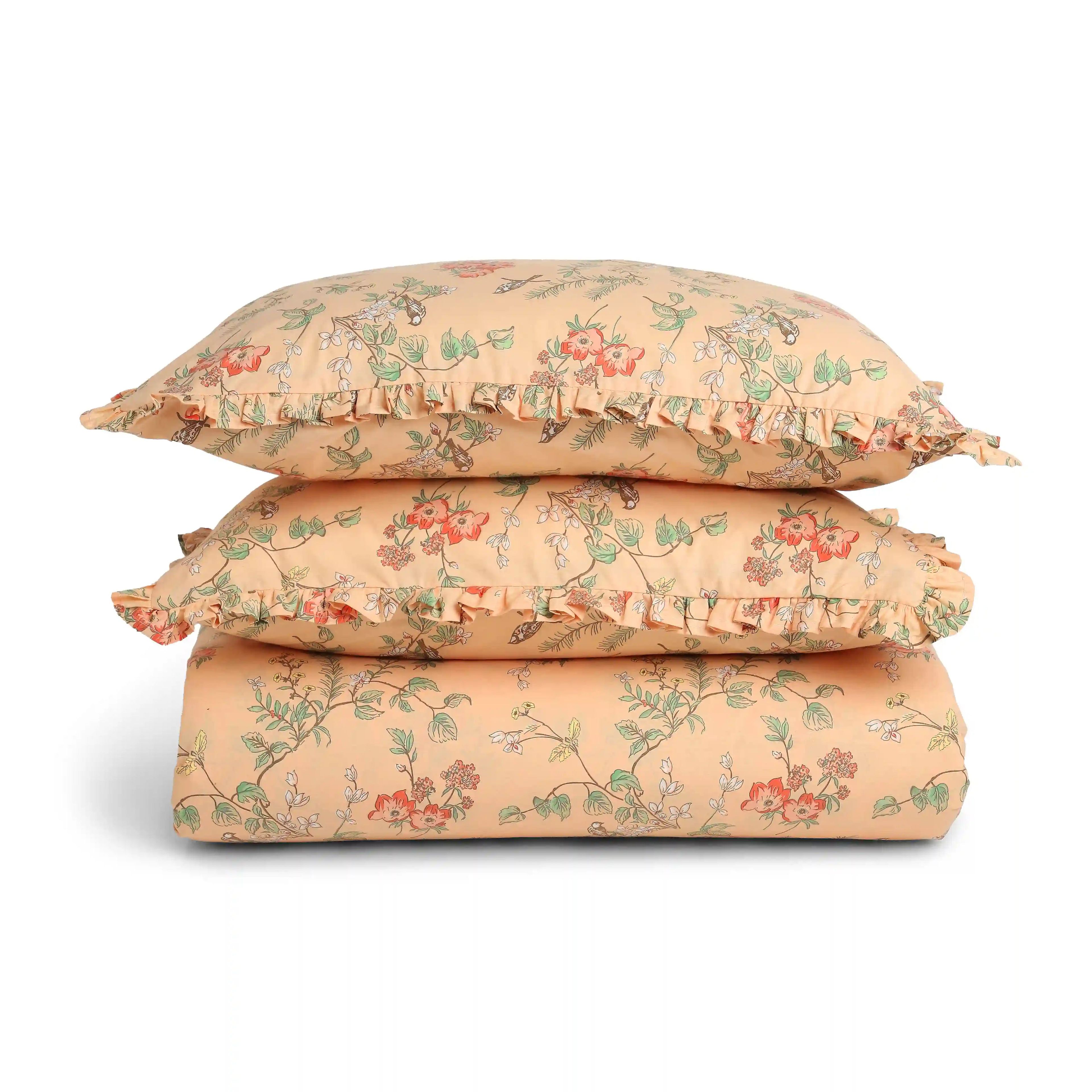 Bloomshire Luxe | Romantic Flora Printed Cotton Bedsheet Set | Pillow Cover with Frills-Peach