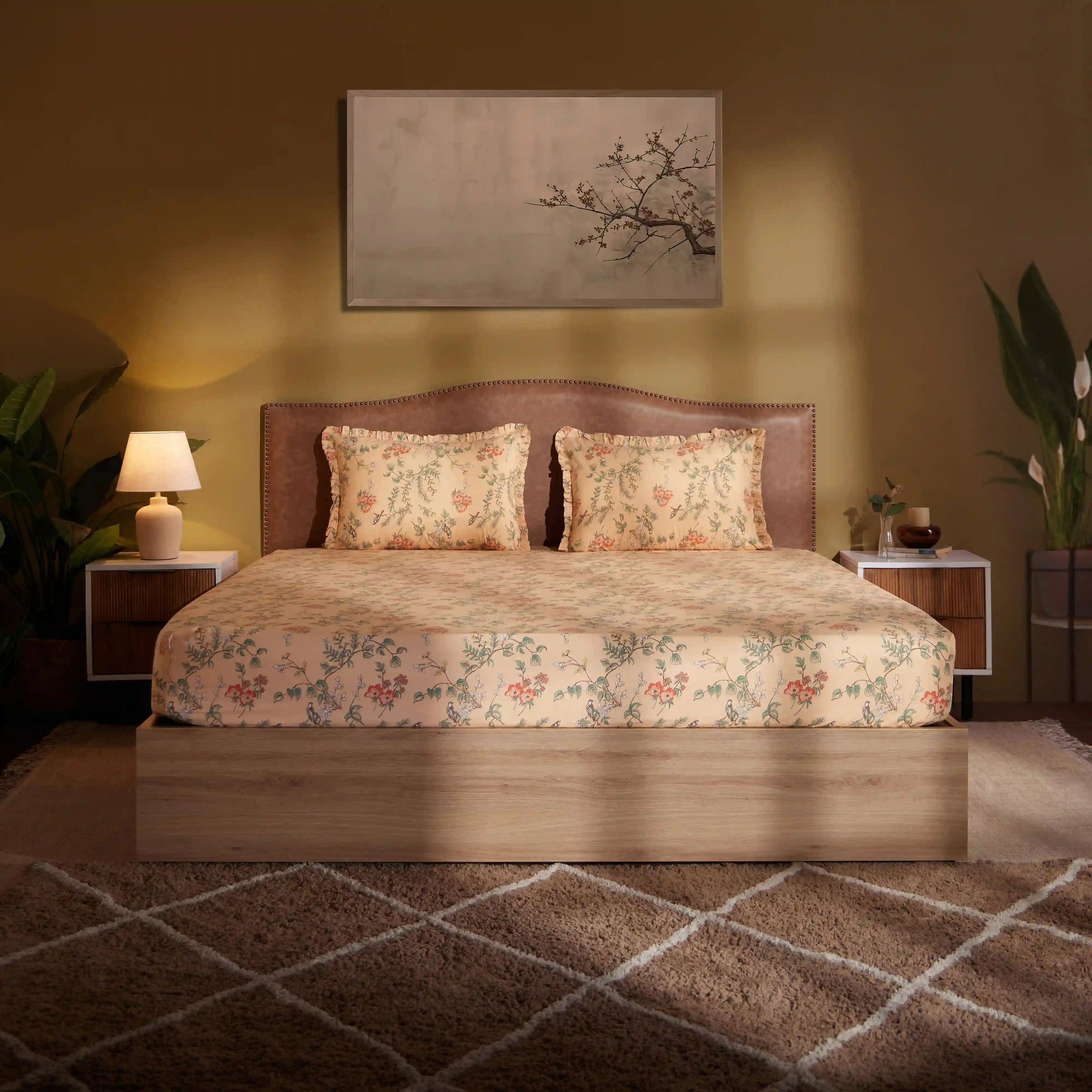 Bloomshire Luxe | Romantic Flora Printed Cotton Bedsheet Set | Pillow Cover with Frills-Peach