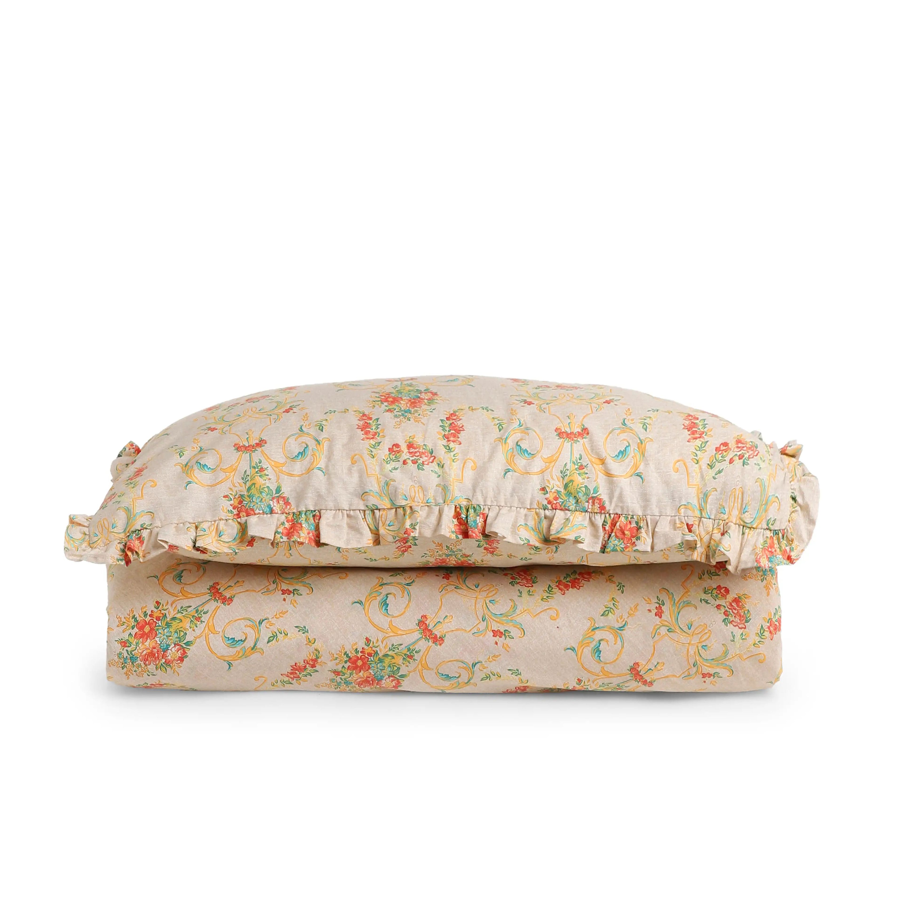 Bloomshire Luxe | Romantic Flora Printed Cotton Bedsheet Set | Pillow Cover with Frills-Multicolour