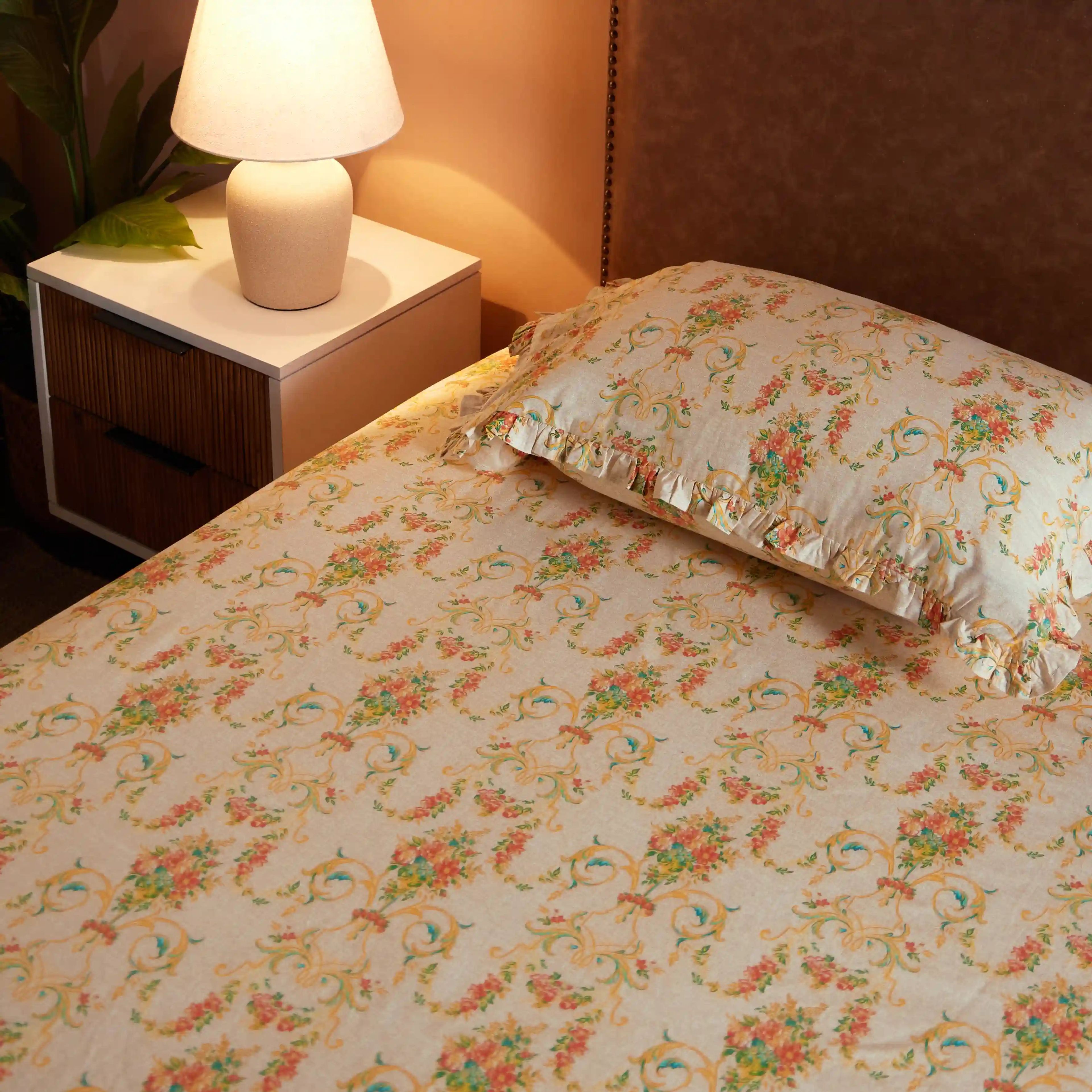 Bloomshire Luxe | Romantic Flora Printed Cotton Bedsheet Set | Pillow Cover with Frills-Multicolour