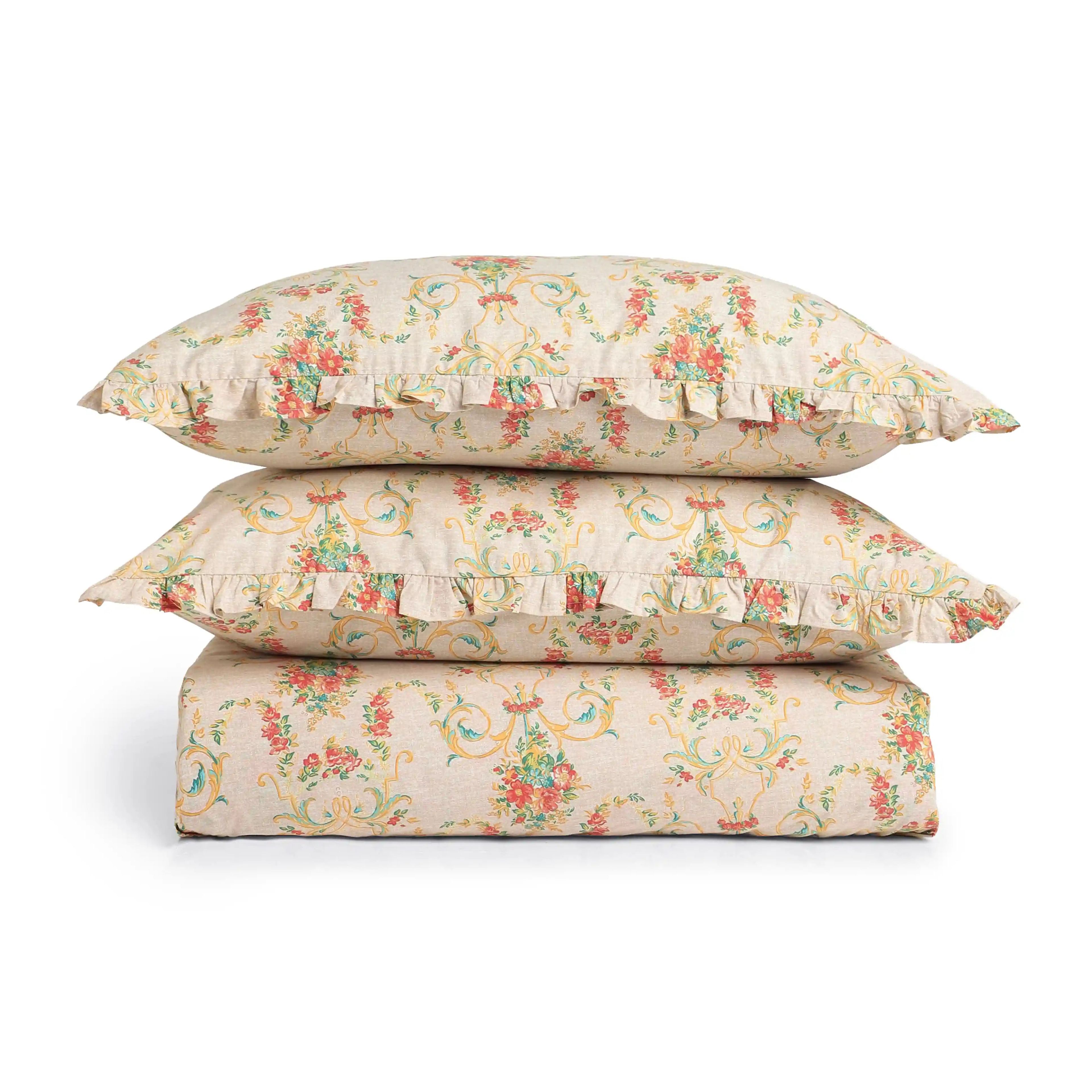 Bloomshire Luxe | Romantic Flora Printed Cotton Bedsheet Set | Pillow Cover with Frills-Multicolour