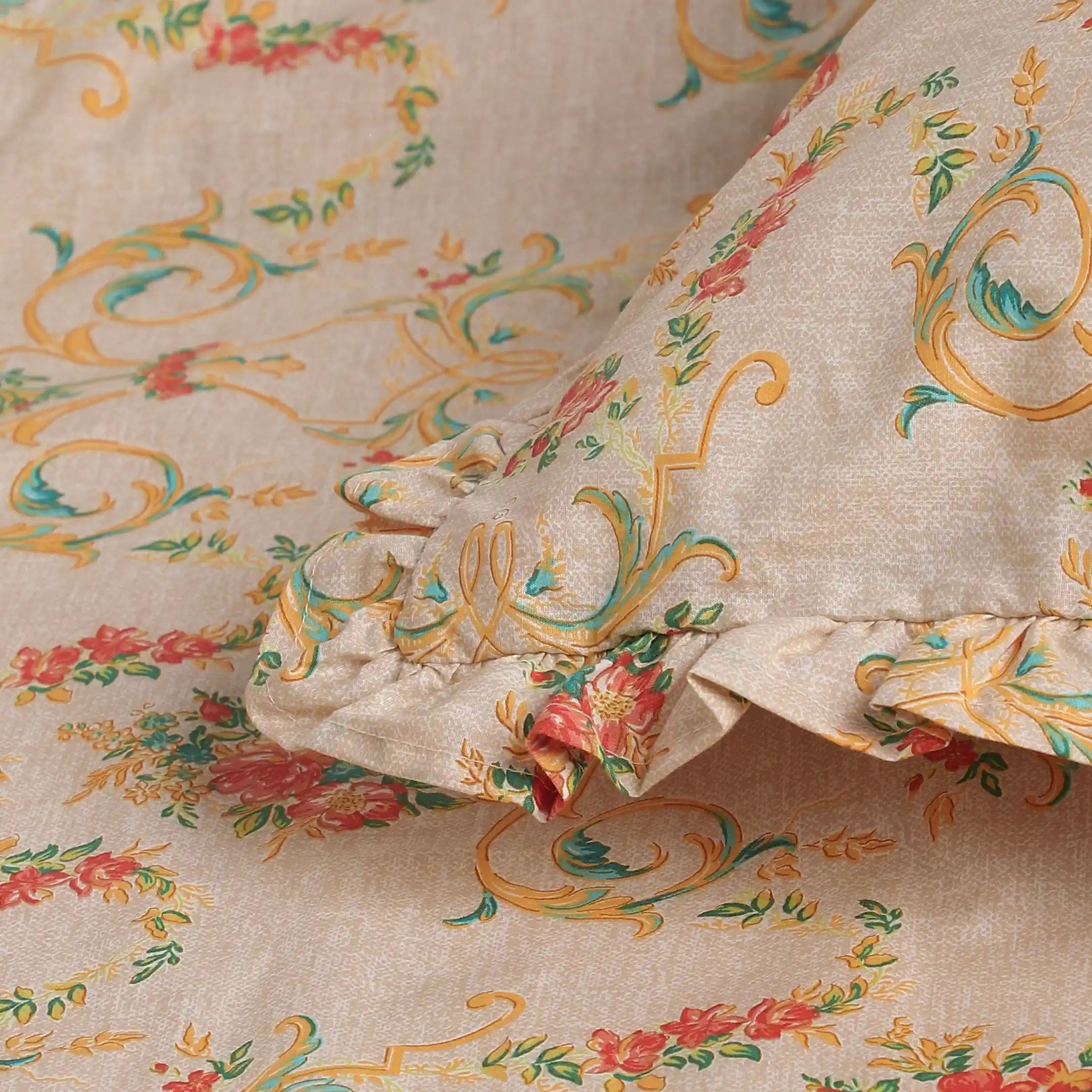 Bloomshire Luxe | Romantic Flora Printed Cotton Bedsheet Set | Pillow Cover with Frills-Multicolour