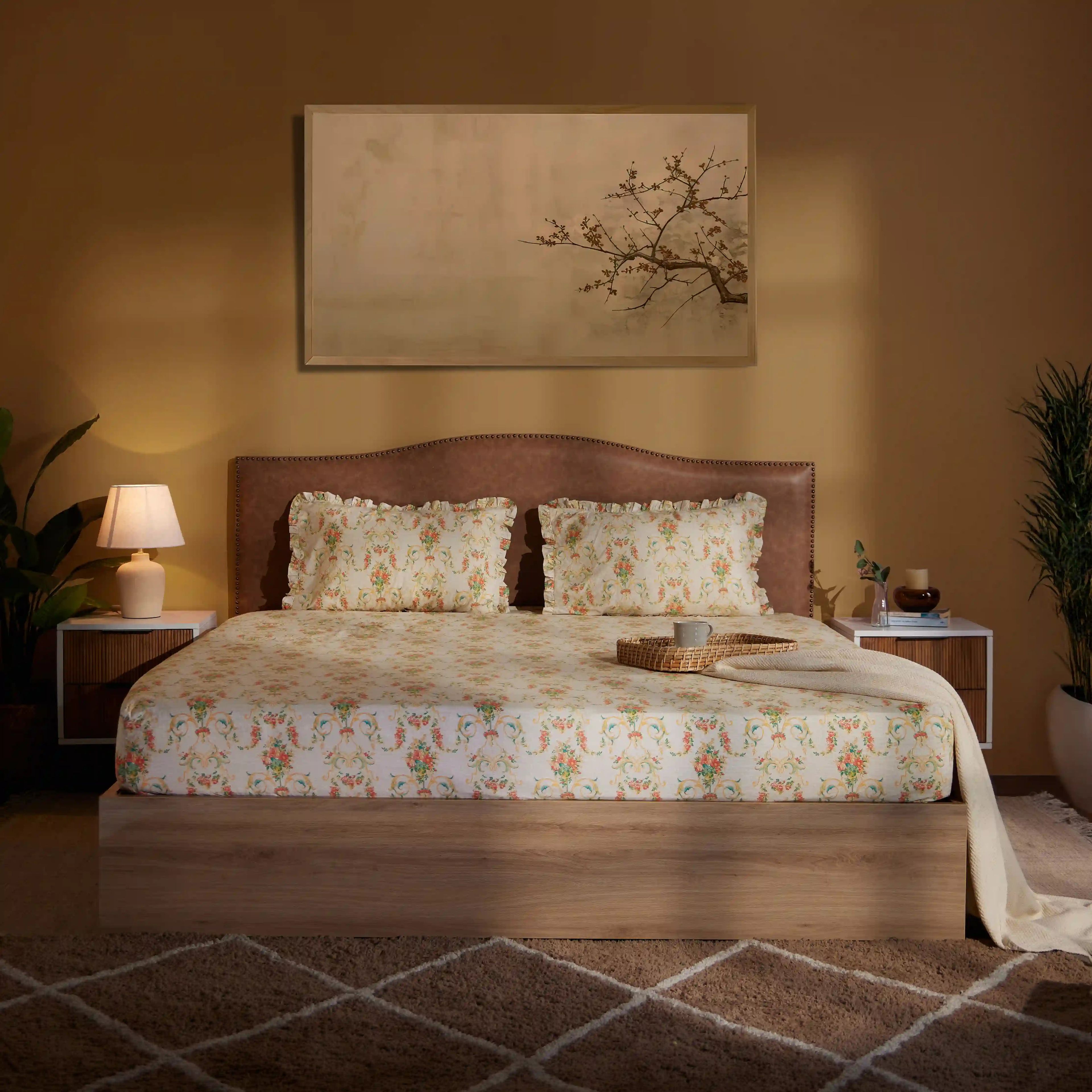 Bloomshire Luxe | Romantic Flora Printed Cotton Bedsheet Set | Pillow Cover with Frills-Multicolour