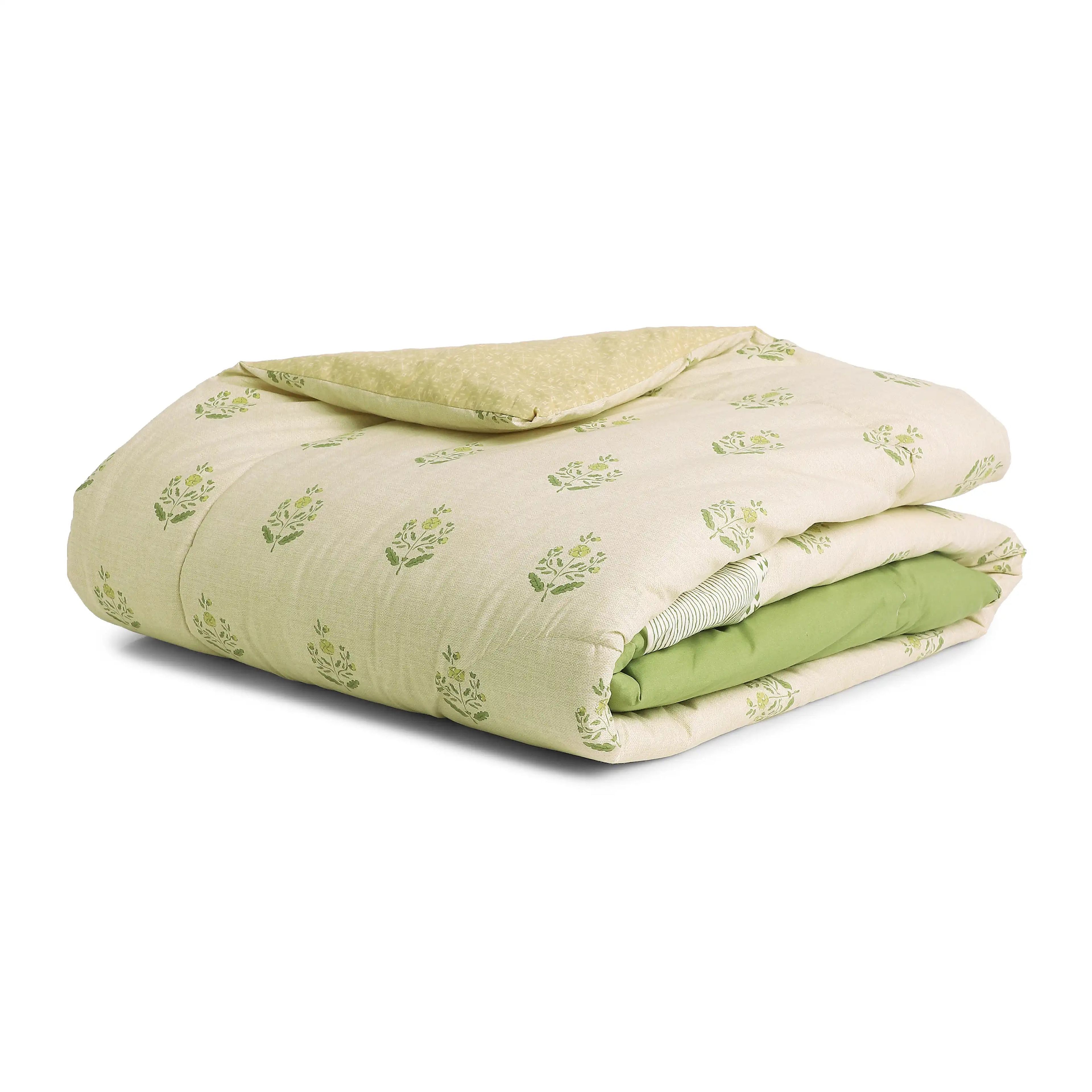 Chippa Lane | Contemporary Indian Print Design Coordinated Bedding Set | Set of Bedsheet & Comforter-Indian Moss