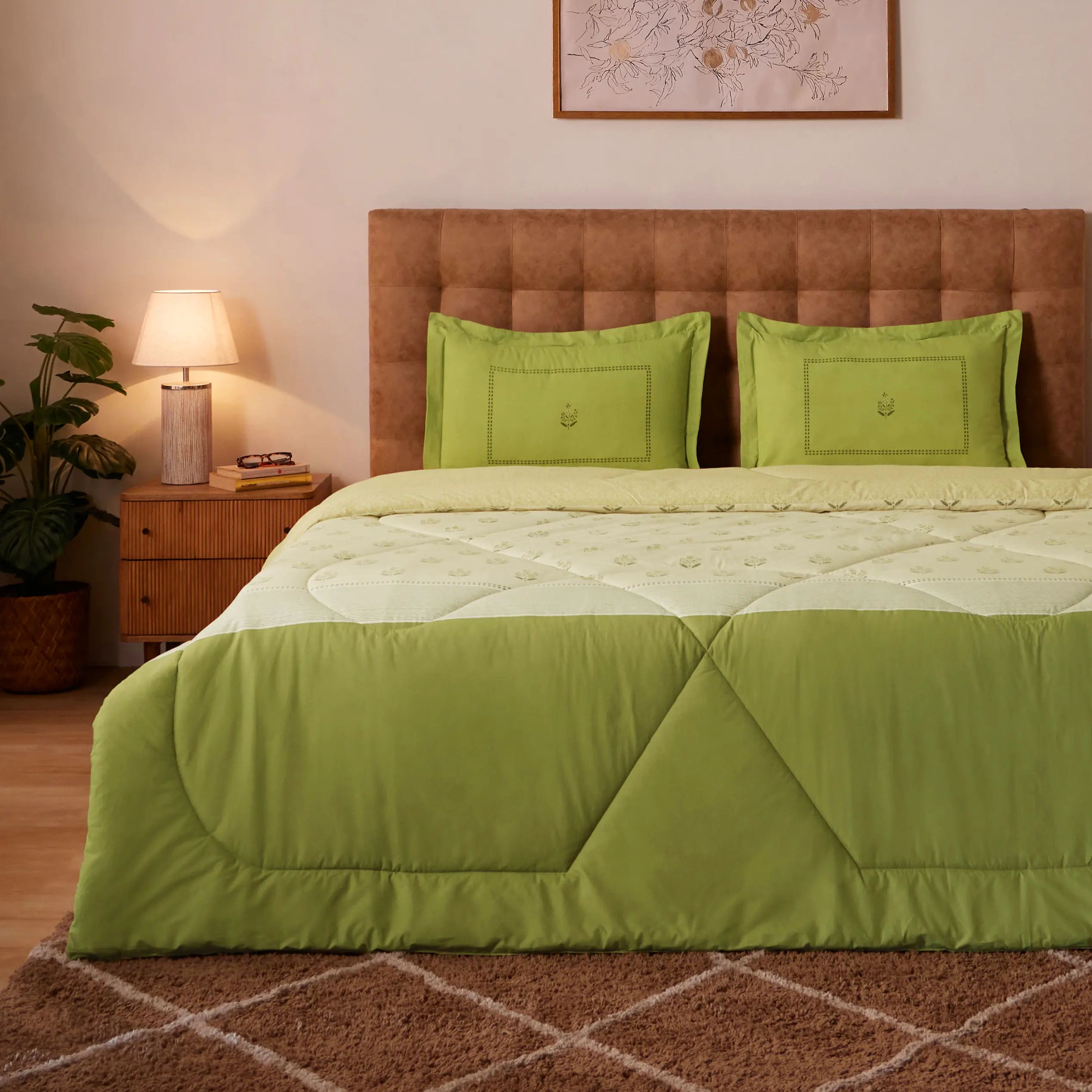 Chippa Lane | Contemporary Indian Print Design Coordinated Bedding Set | Set of Bedsheet & Comforter-Indian Moss