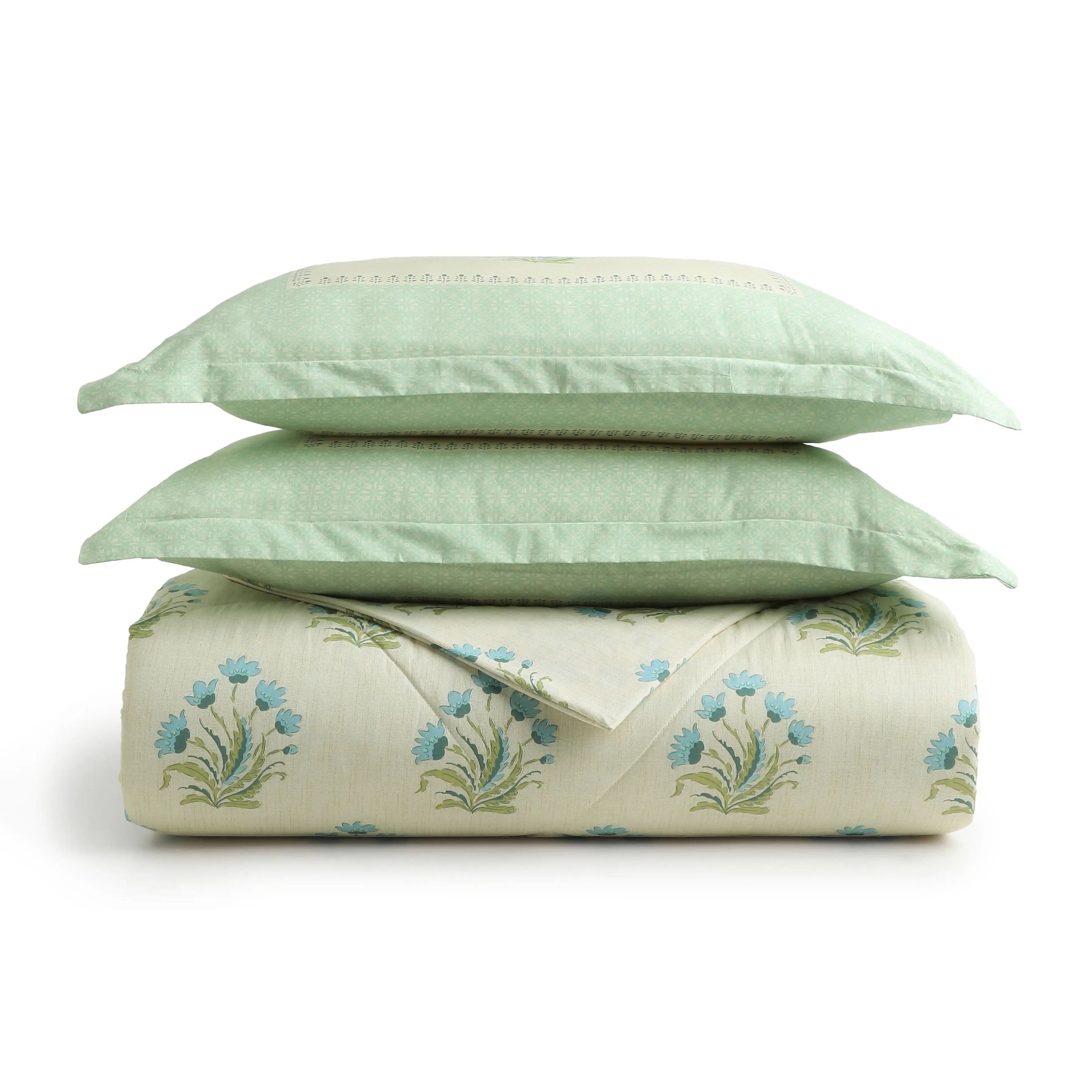 Chippa Lane | Contemporary Indian Print Design Coordinated Bedding Set | Set of Bedsheet & Comforter-Indian Sage