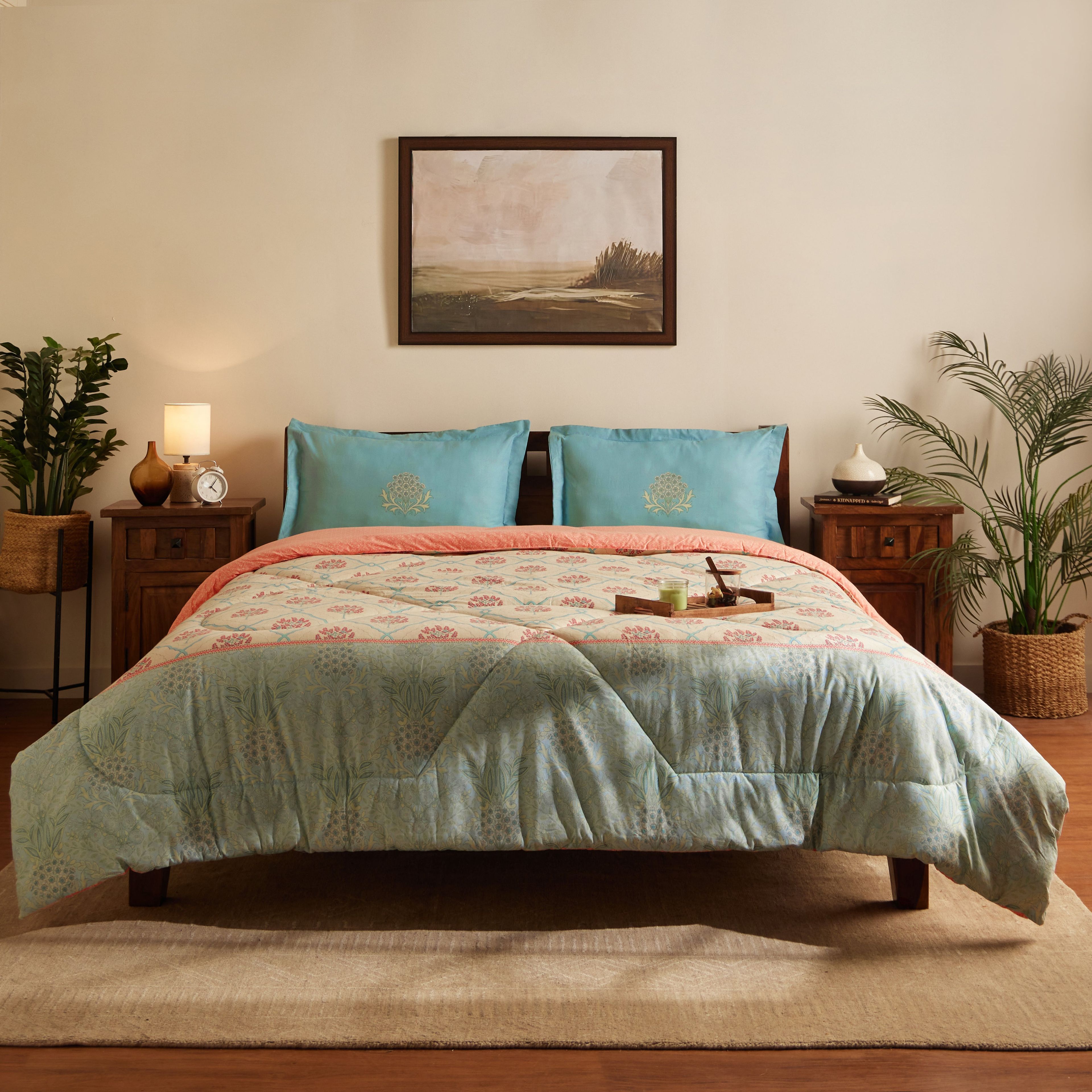 Chippa Lane | Contemporary Indian Print Design Coordinated Bedding Set | Set of Bedsheet & Comforter-Sage Bloom