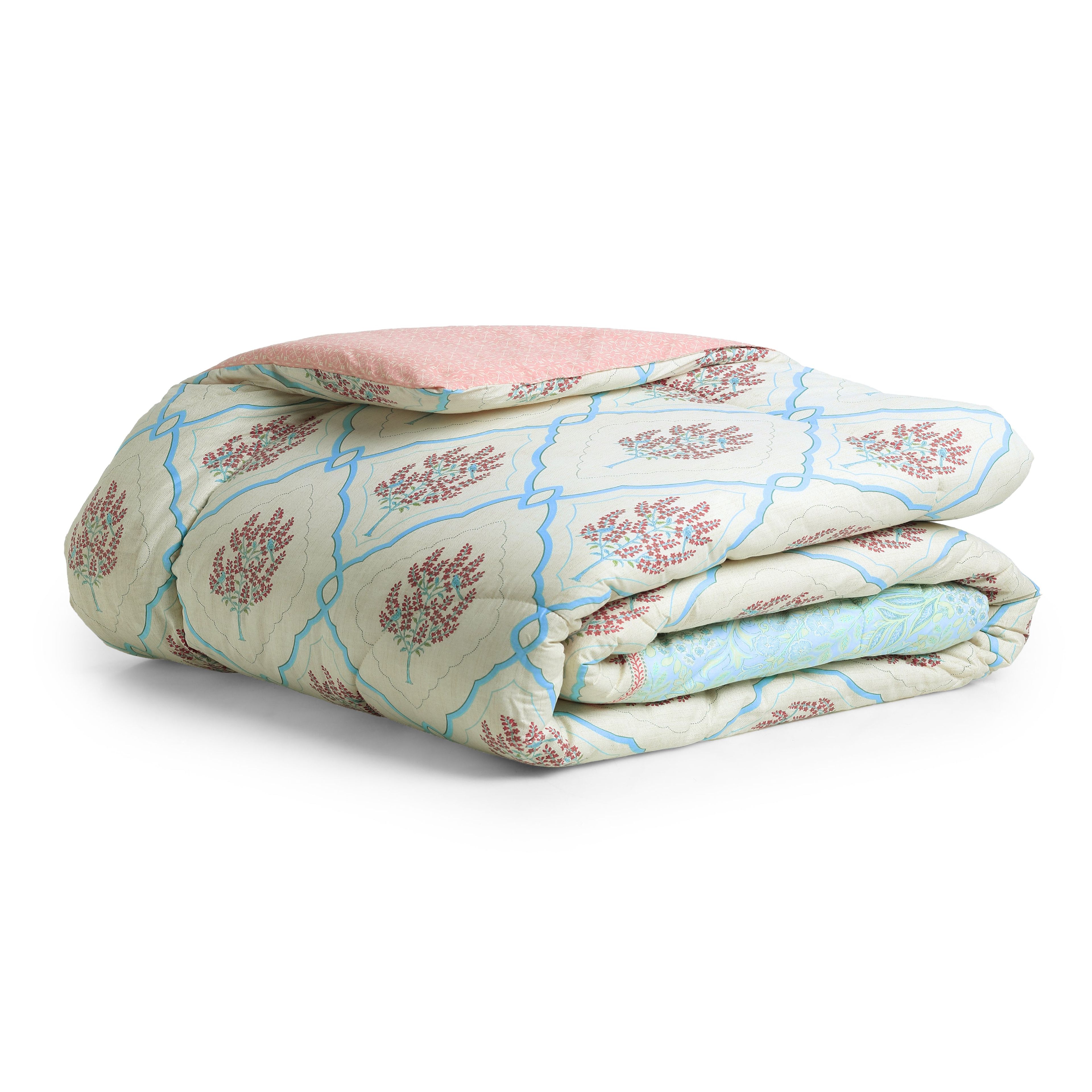 Chippa Lane | Contemporary Indian Print Design Coordinated Bedding Set | Set of Bedsheet & Comforter-Sage Bloom