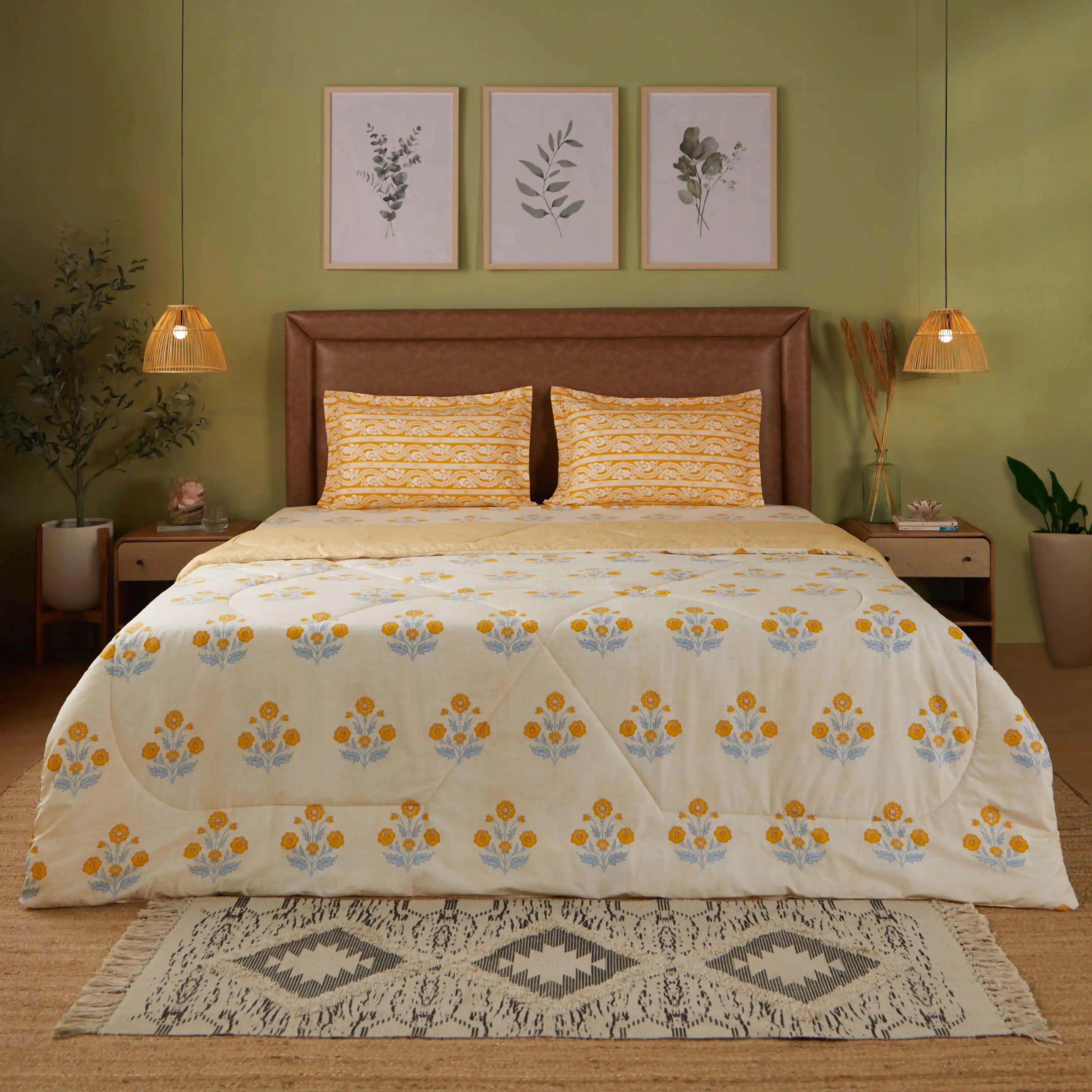 Chippa Lane | Contemporary Indian Print Design Coordinated Bedding Set | Set of Bedsheet & Comforter-Ochre