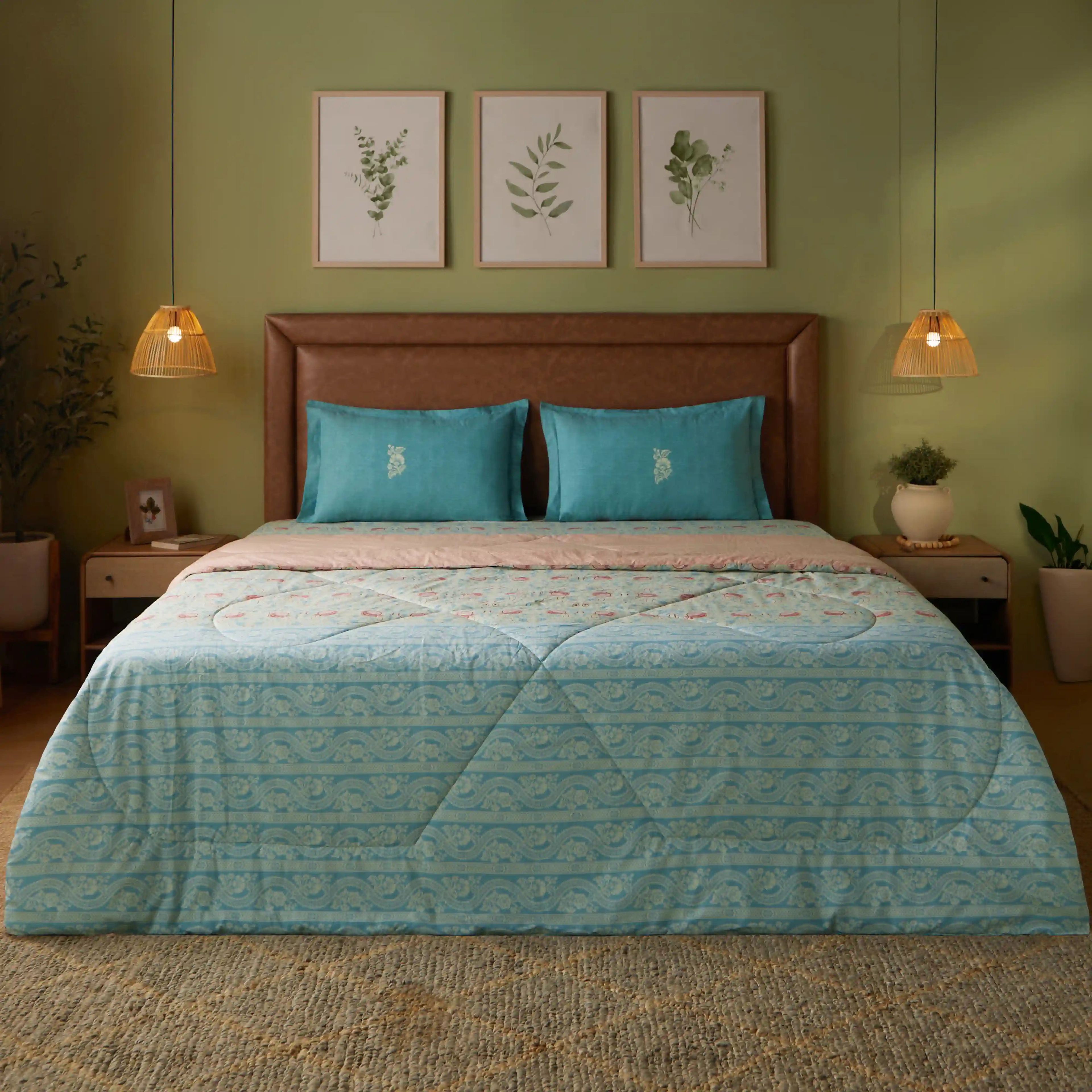 Chippa Lane | Contemporary Indian Print Design Coordinated Bedding Set | Set of Bedsheet & Comforter-Light Blue