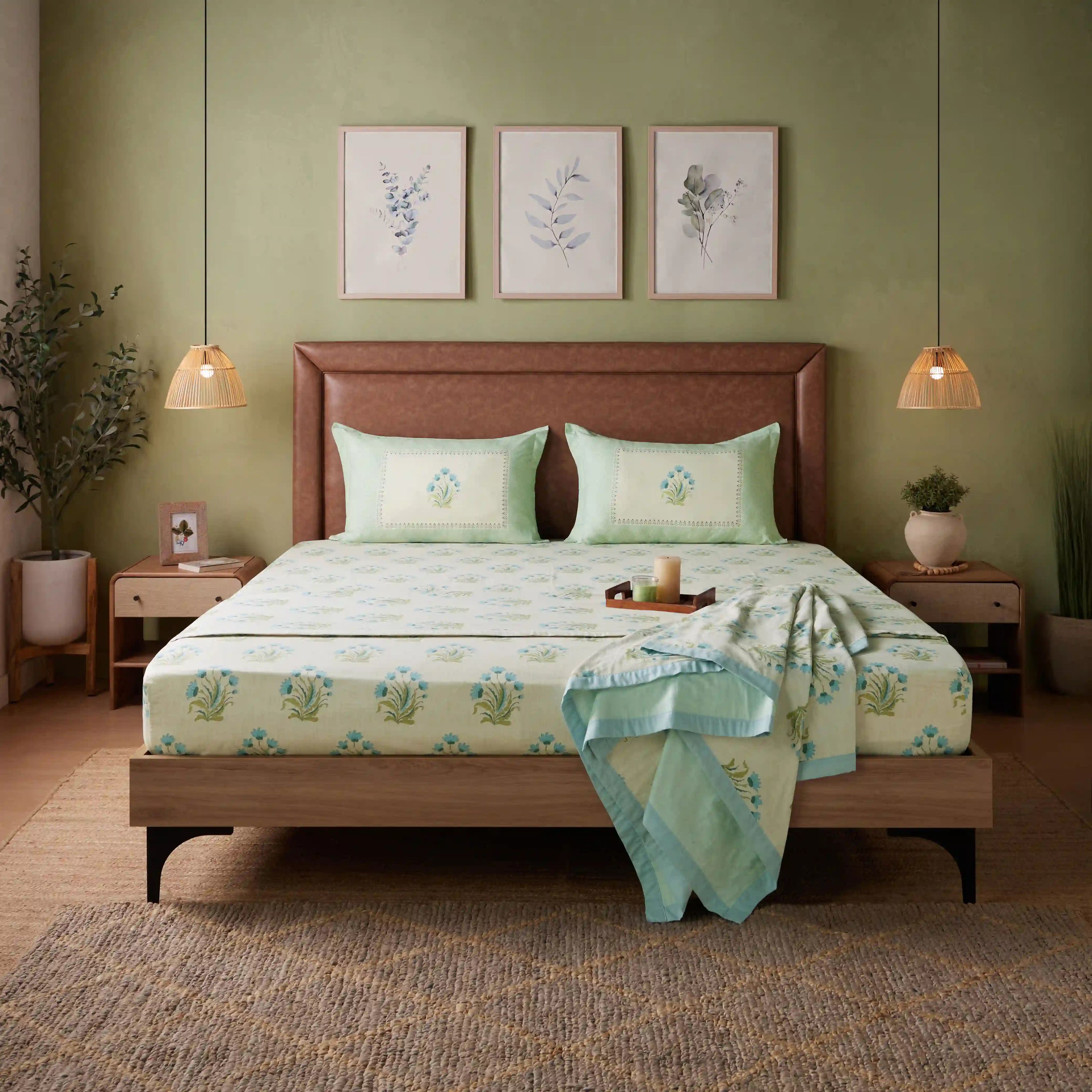 Chippa Lane | Contemporary Indian Print Design Coordinated Bedding Set | Set of Bedsheet & Dohars-Indian Sage