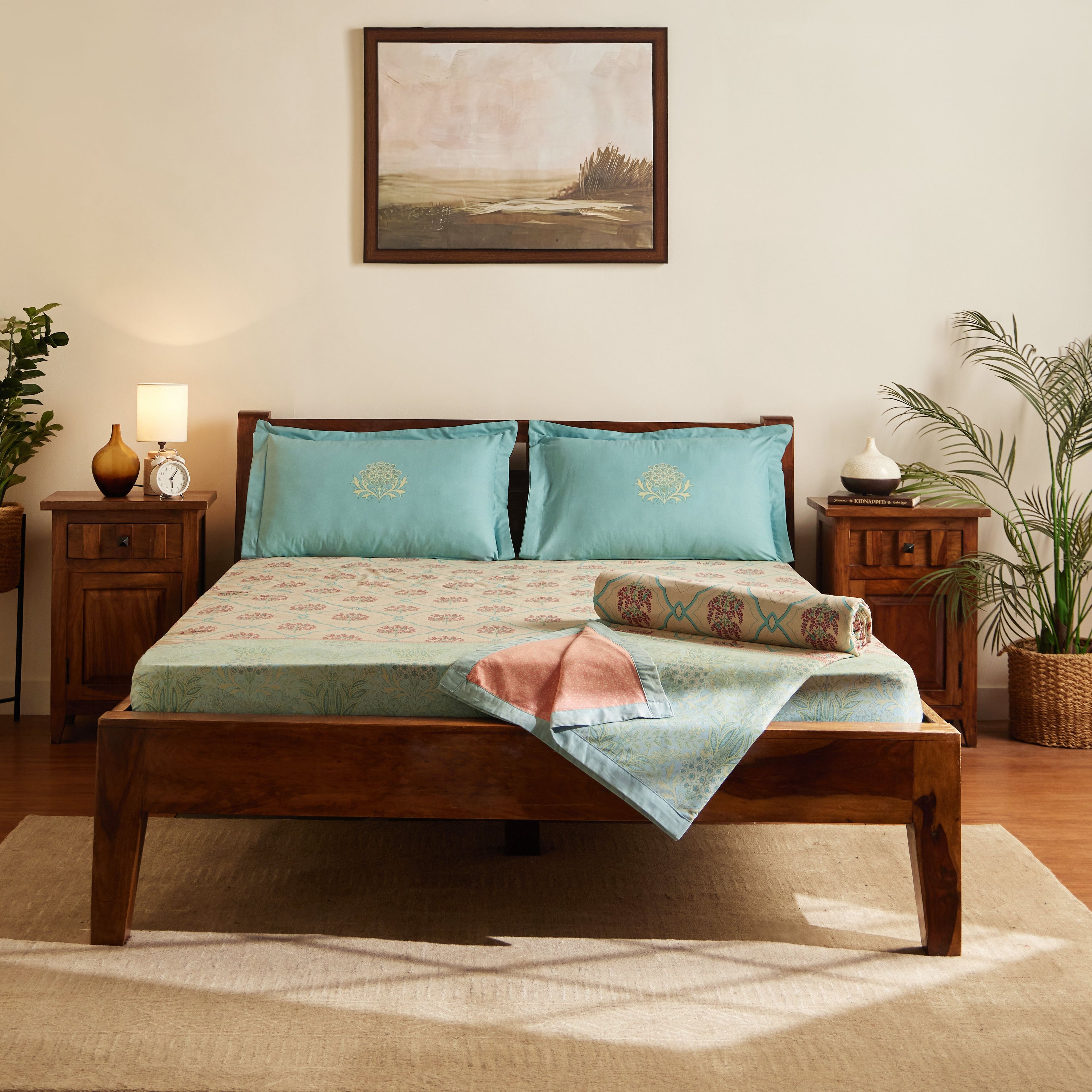 Chippa Lane | Contemporary Indian Print Design Coordinated Bedding Set | Set of Bedsheet & Dohars-Sage Bloom