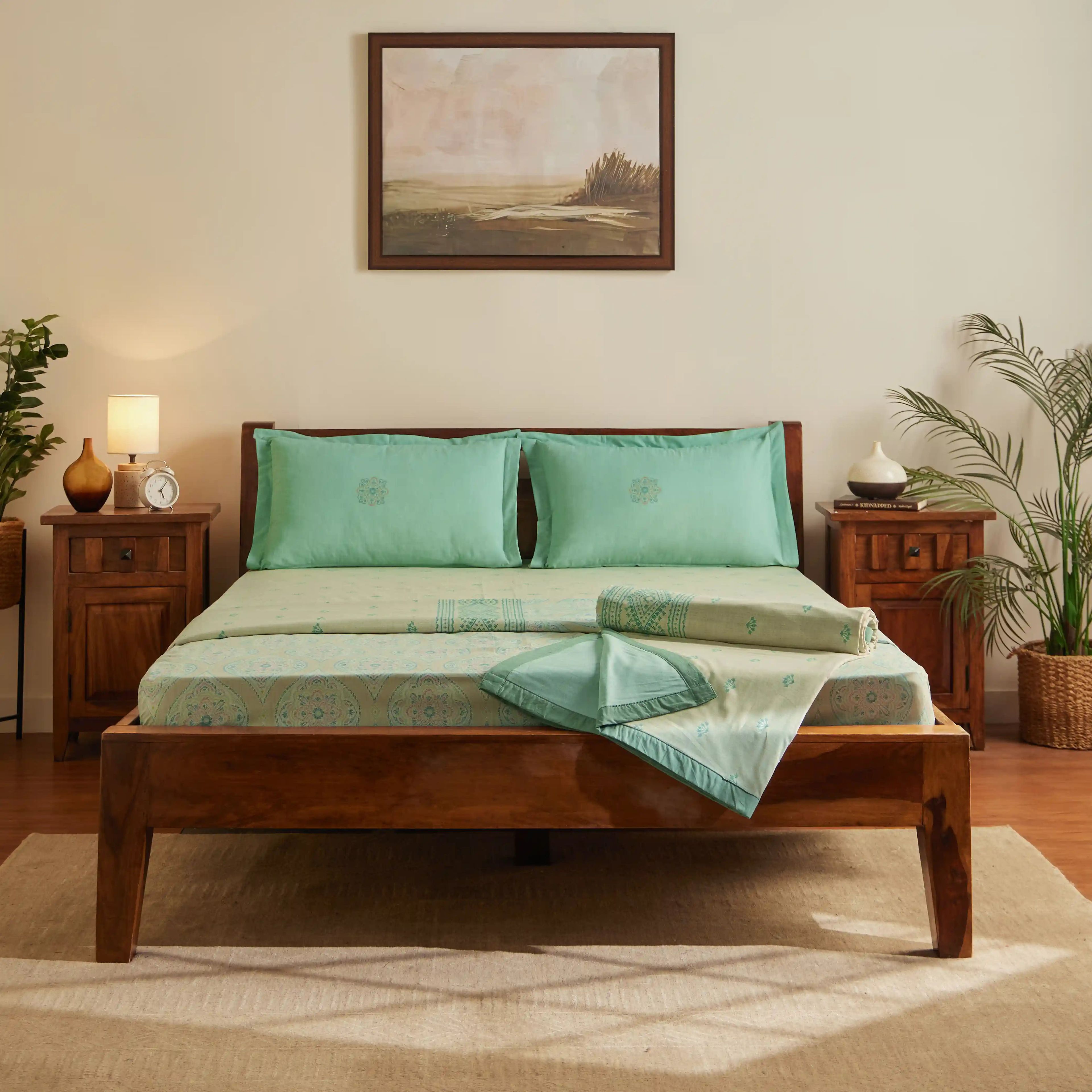 Chippa Lane | Contemporary Indian Print Design Coordinated Bedding Set | Set of Bedsheet & Dohars-Sage