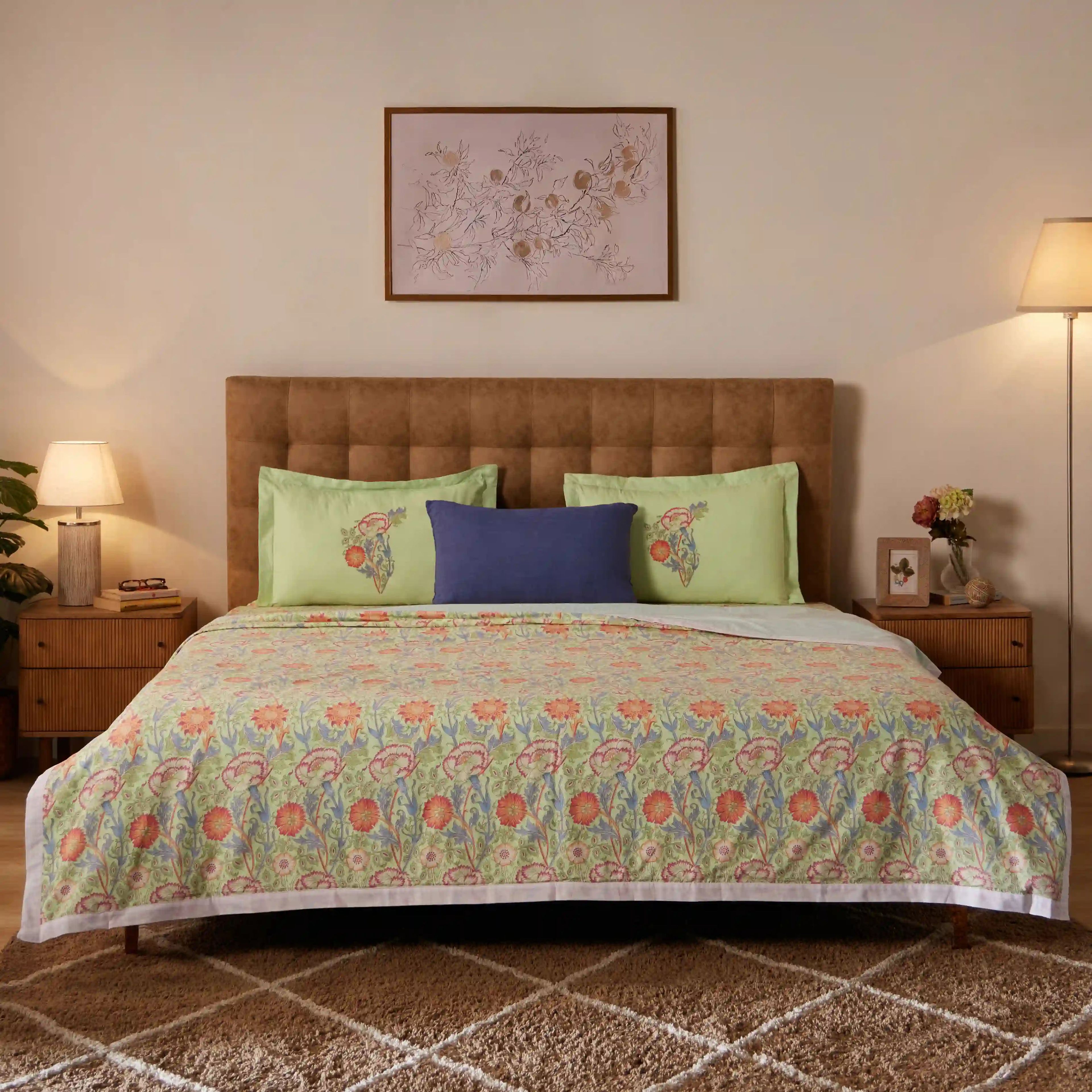 Chippa Lane | Contemporary Indian Print Design Coordinated Bedding Set | Set of Bedsheet & Dohar-Green